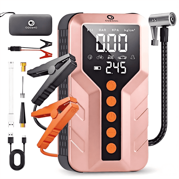 ODEGNC 6000A 25000mAh Jump Starter with 150PSI Air Compressor for Car Truck SUV RV - LED Emergency Light & USB Quick Charger（Rose gold）