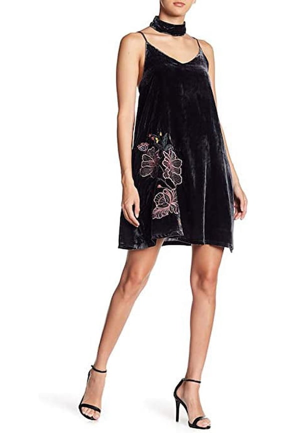 Choker Embroidered Velvet Mini Dress, Charcoal - Large