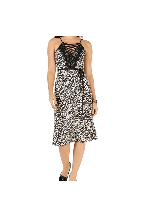 Womens Belted Lace Up Slip Dress, Black, Small