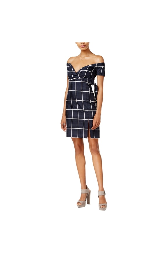 Womens Plaid Off-Shoulder Dress, Blue, Medium