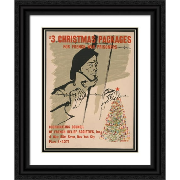 J. Pagés 15x18 Black Ornate Wood Framed Double Matted Museum Art Print Titled - $3 Christmas Packages for French War Prisoners (1941)