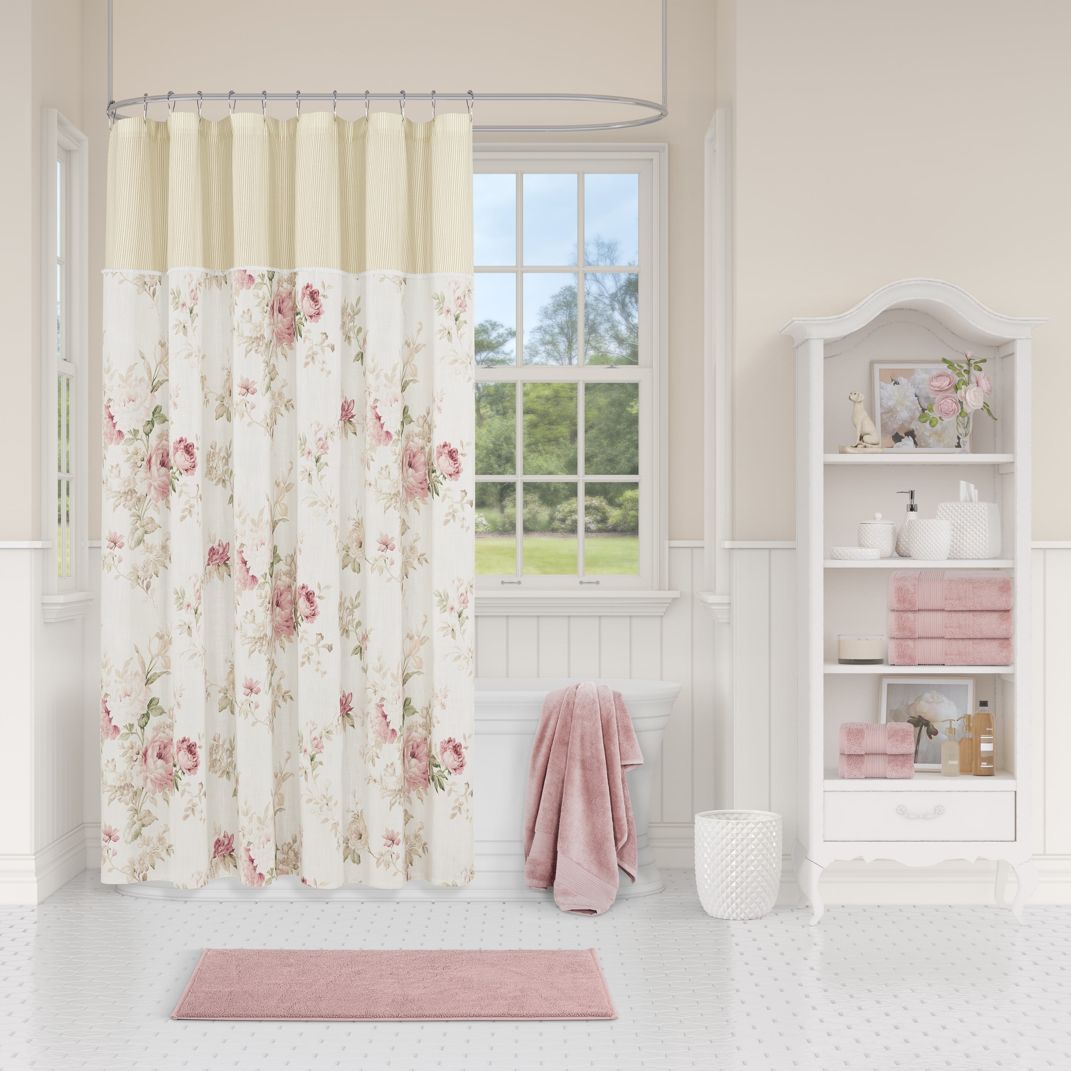 Amalia Rose Off-White Cotton Floral Tub Curtain