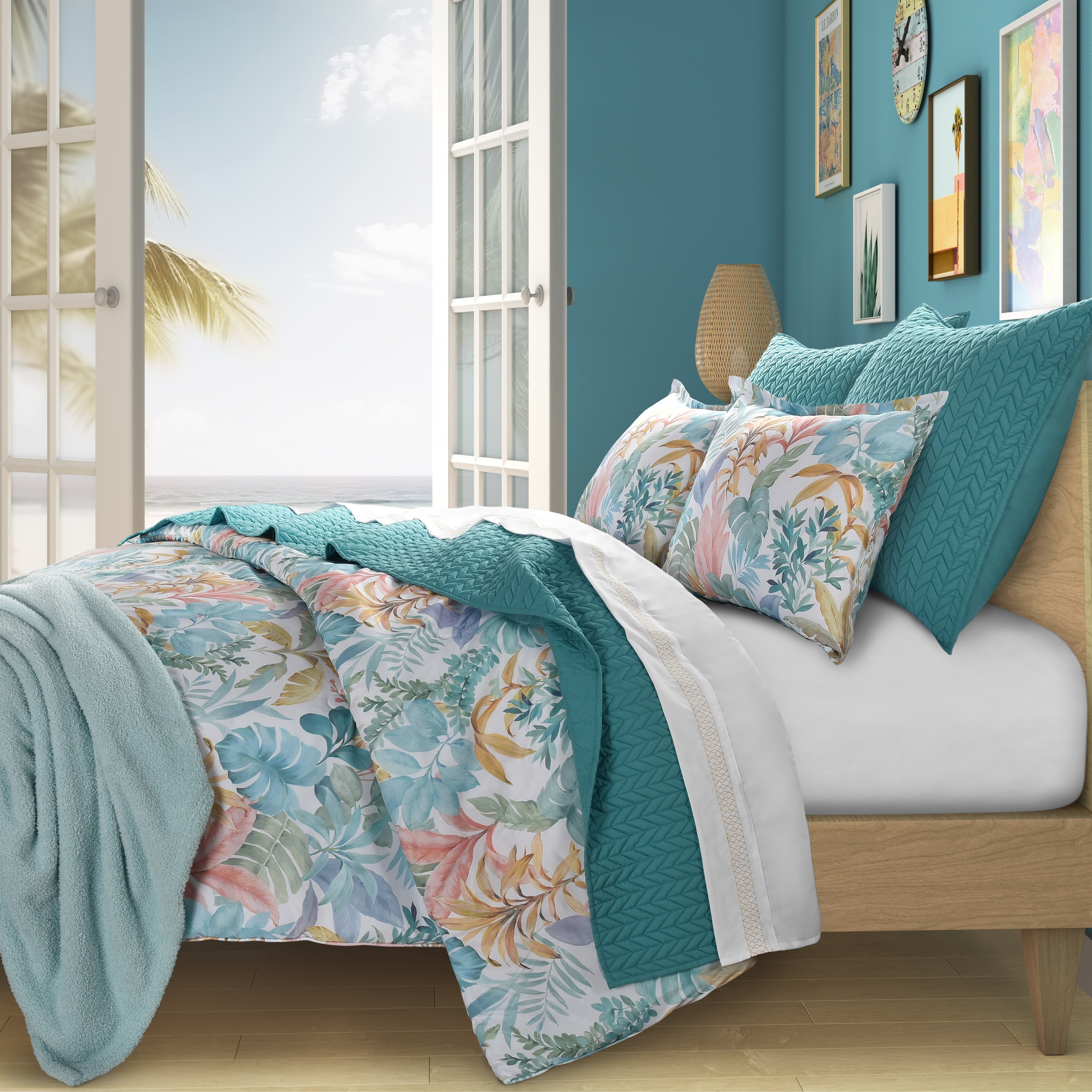 Queen Blue Microfiber Tropical Botanical Bedding Set