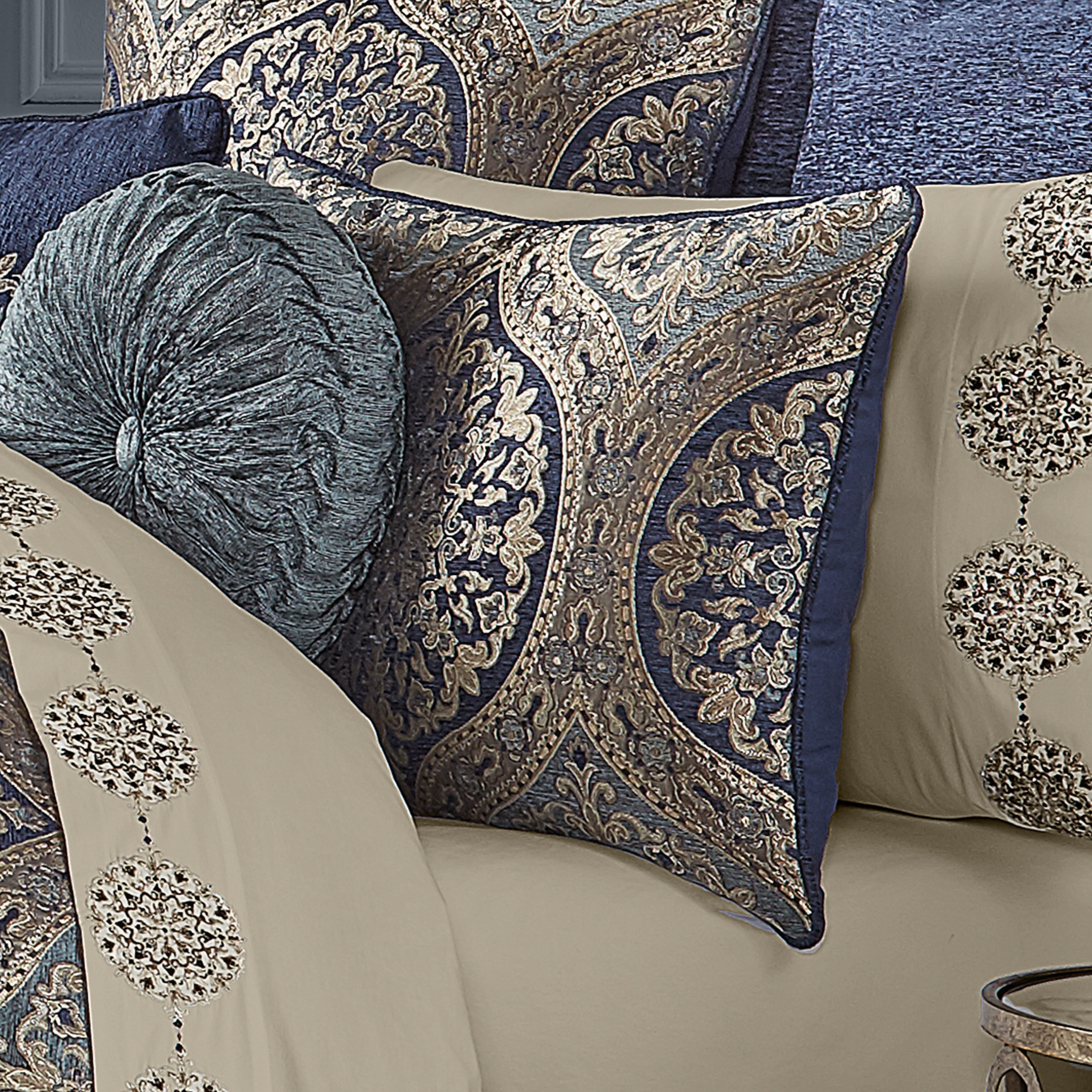 Navy Microfiber Queen Comforter Set with Gathered Embellishment