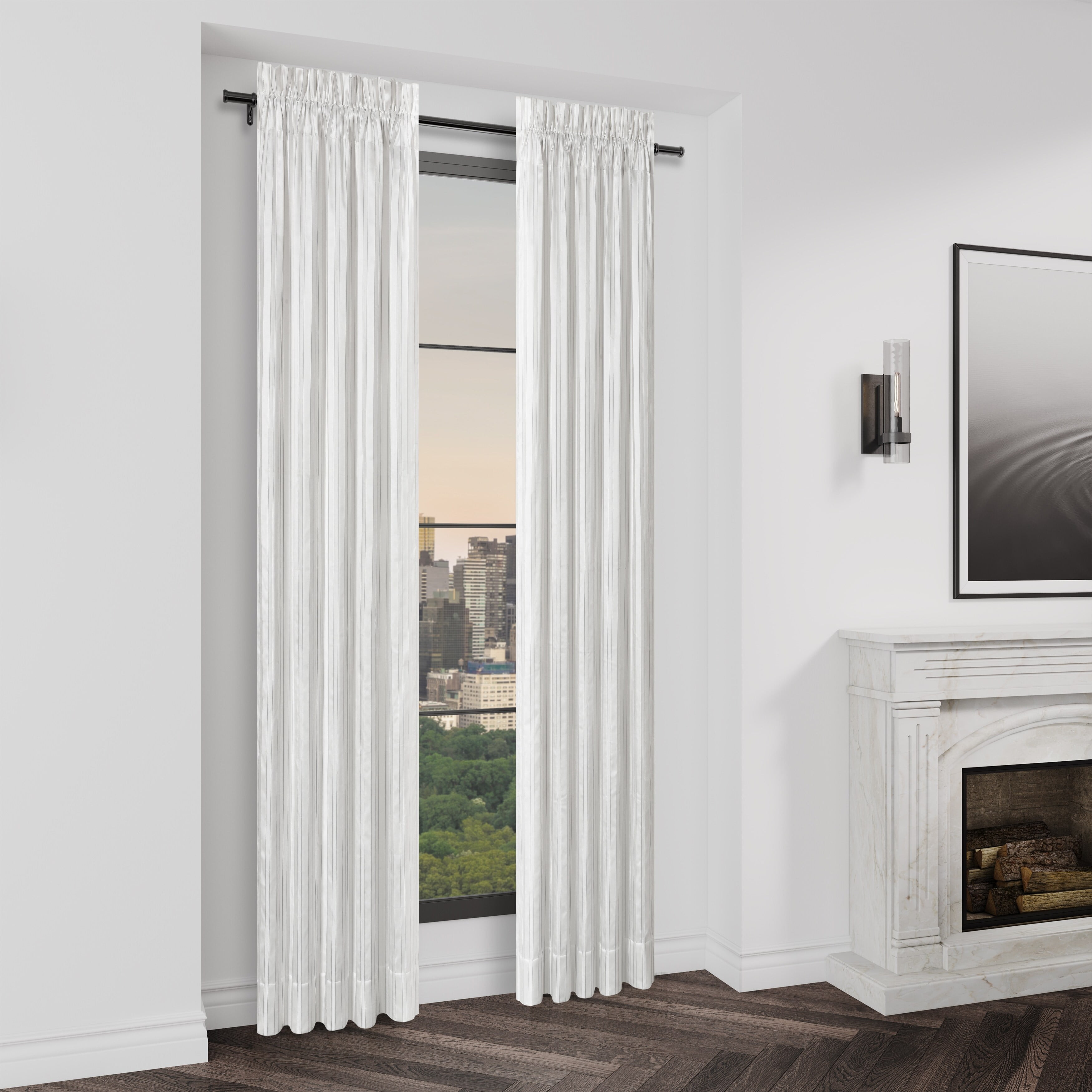 White Polyester Room-Darkening Stripe Drapes, 84 Inches