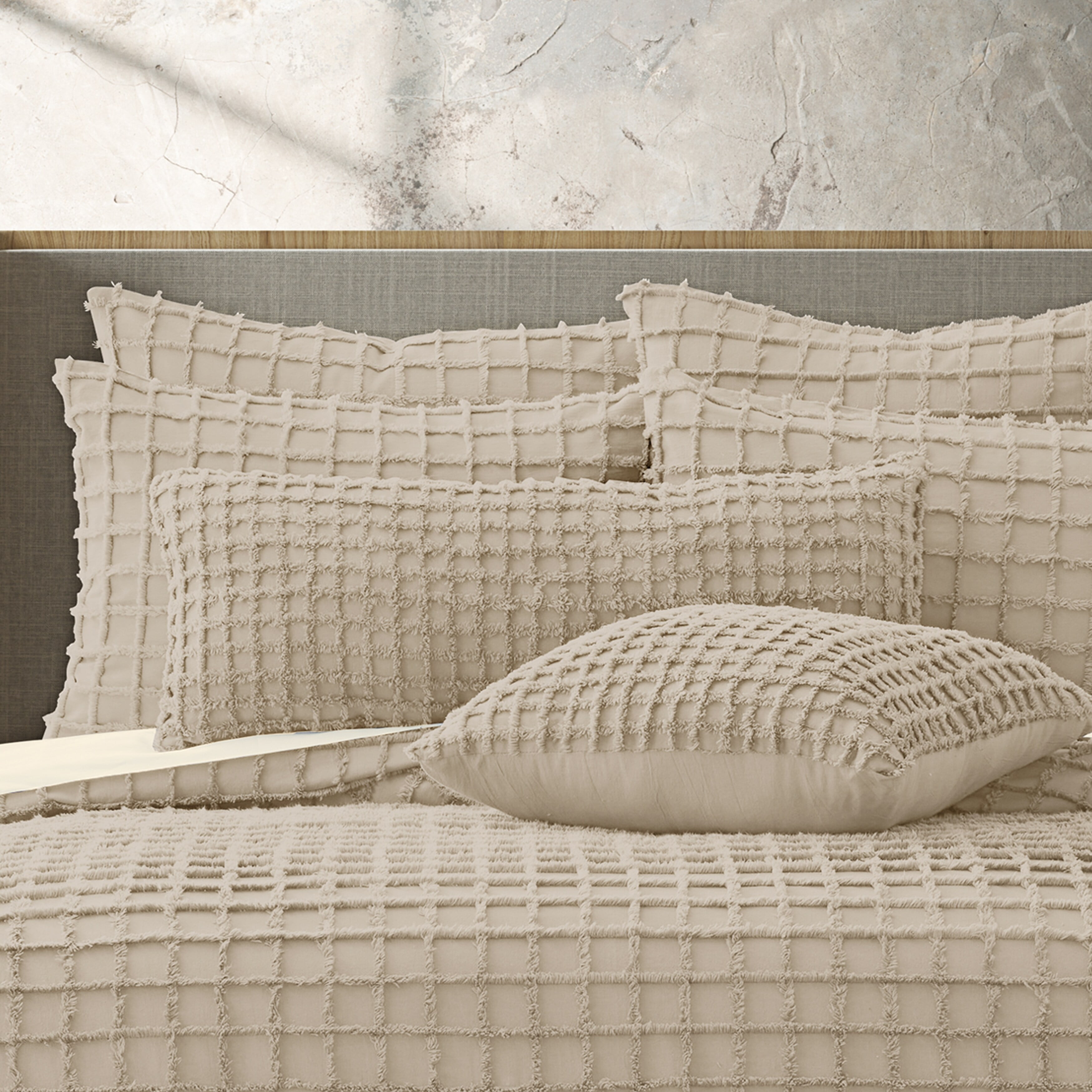 Beige Cotton Candlewick Tufted Bolster Lumbar Pillow