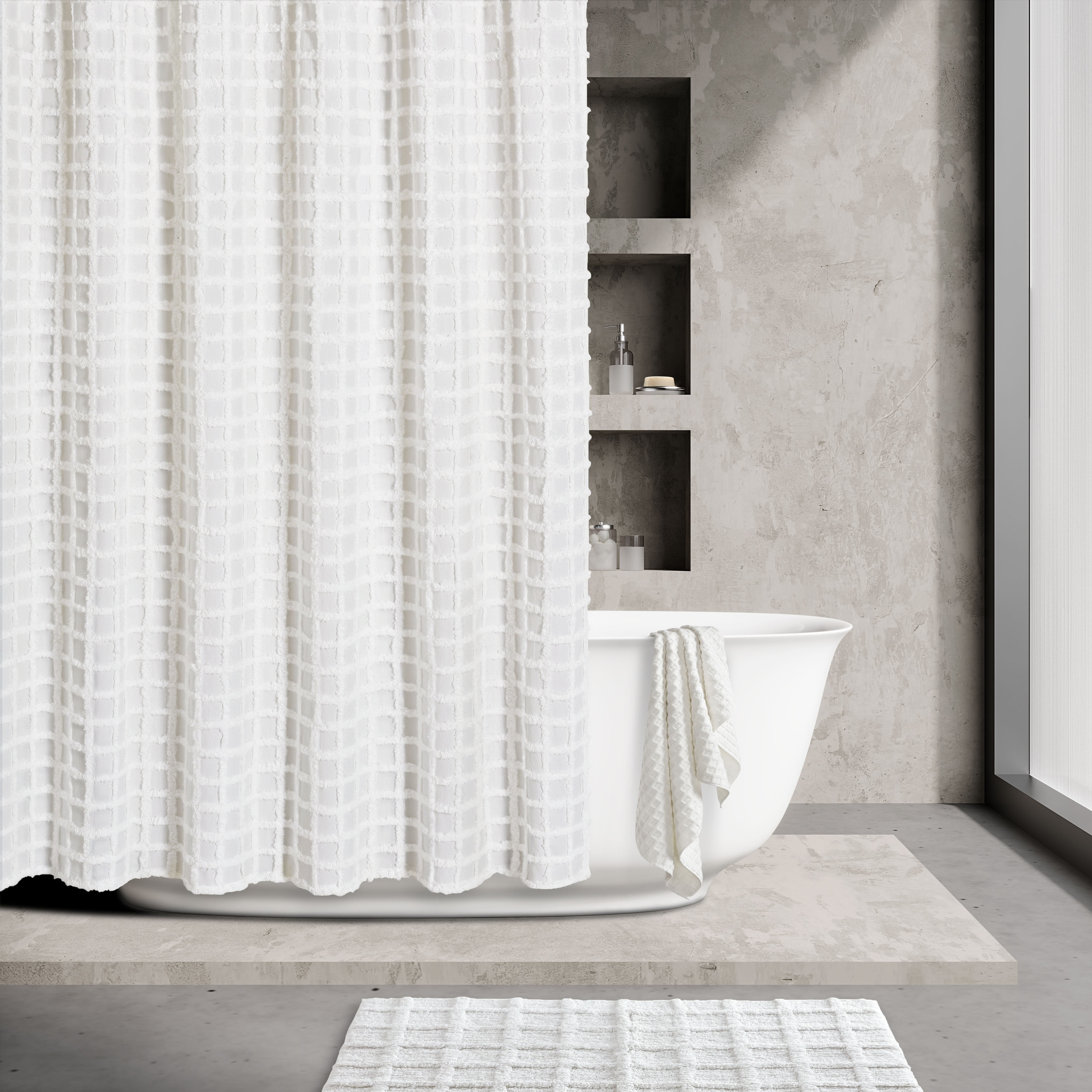 Cameron White Tufted Cotton Shower Curtain 72" x 72"