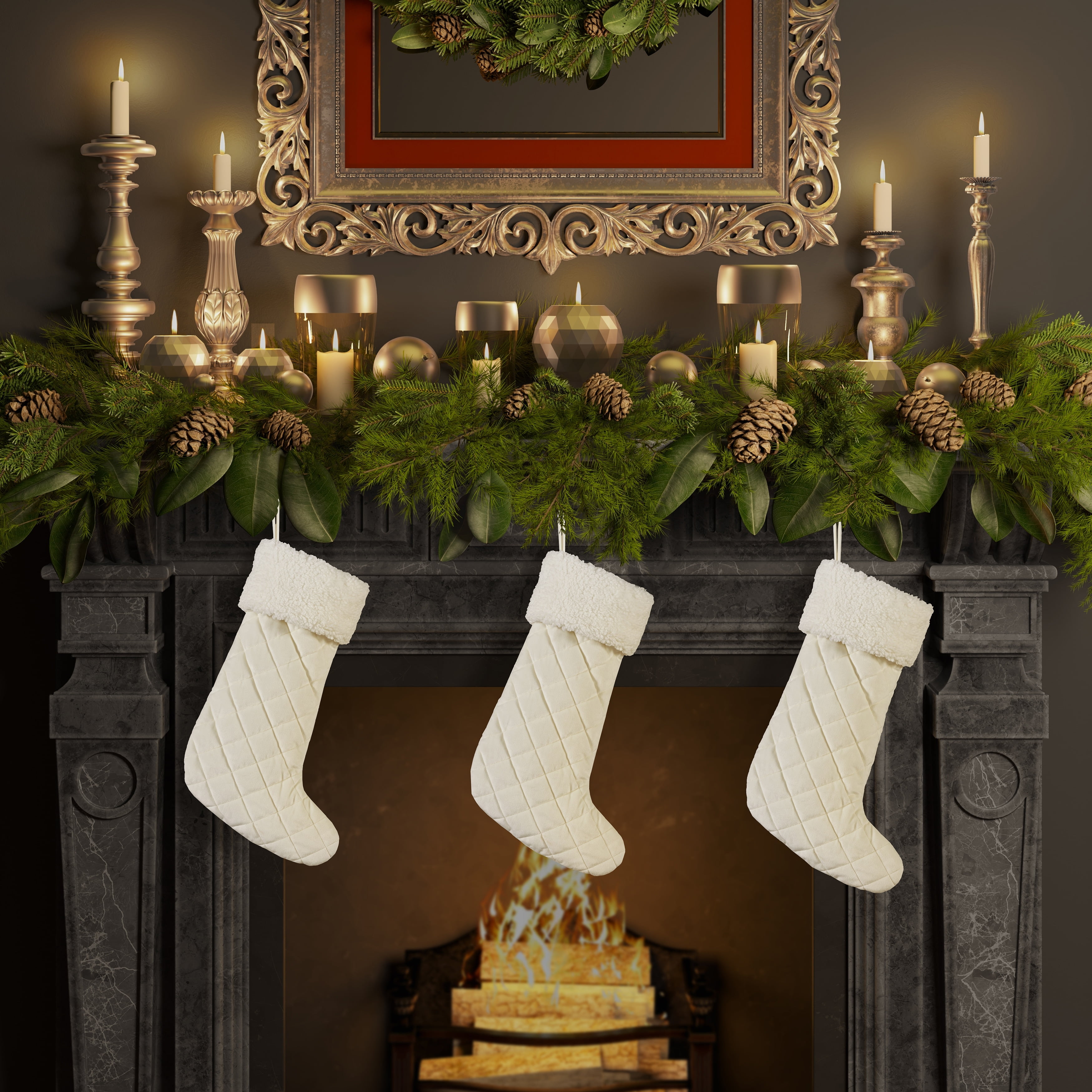 Winter White Quilted Velvet Christmas Stocking with Sherpa Cuff