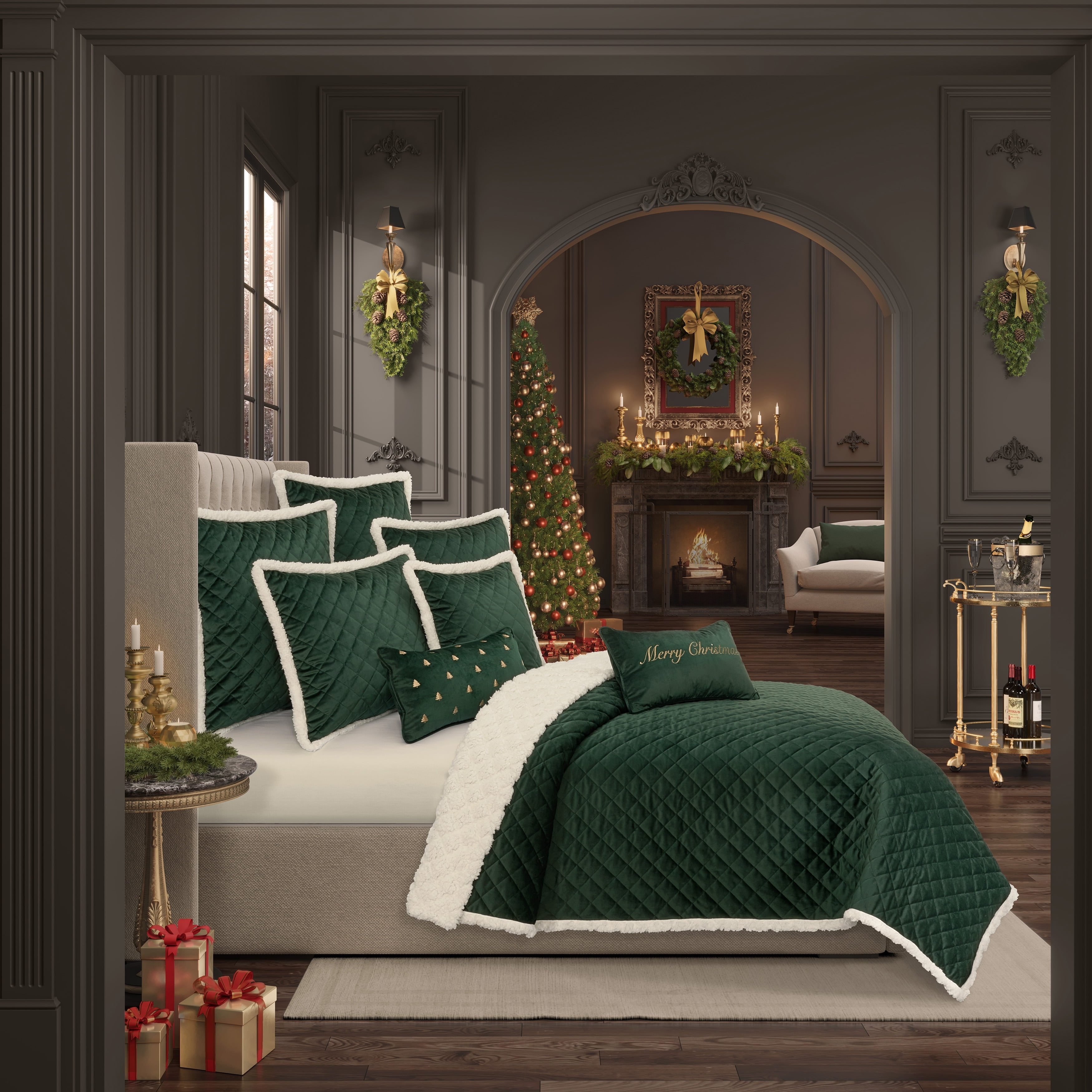 Evergreen Velvet and Sherpa Reversible Full Quilt Set