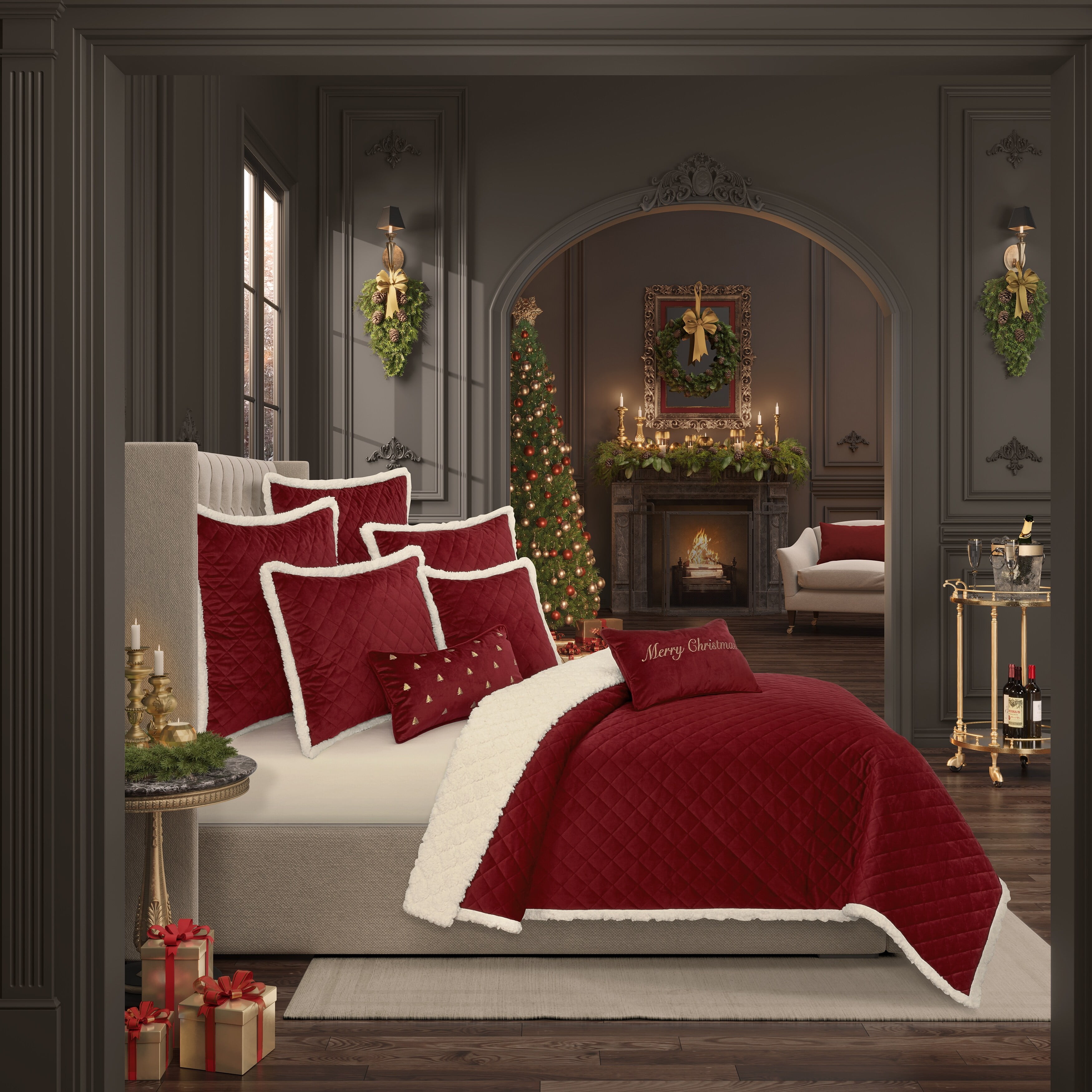 Evergreen King Velvet Reversible Quilt Set with Sherpa