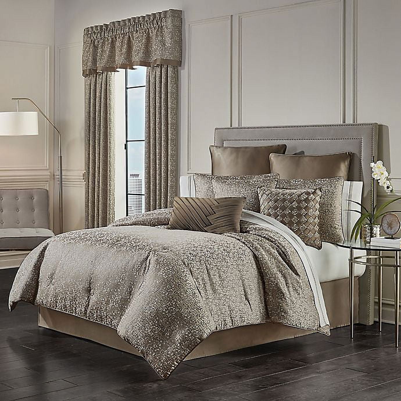 Ivory and Taupe Microfiber King Comforter Set with Satin Bed Skirt