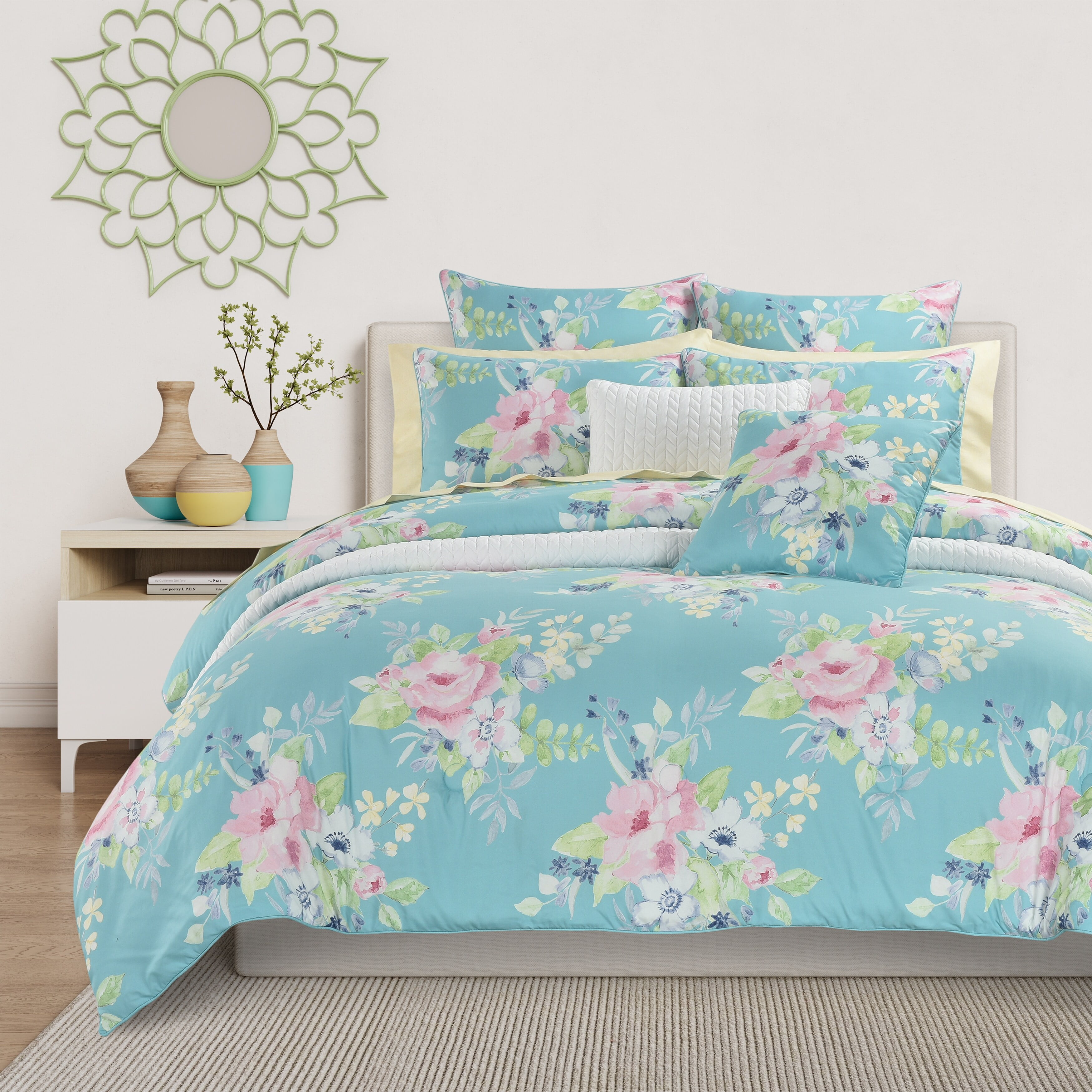 Blue Floral Microfiber Queen Reversible Bedding Set