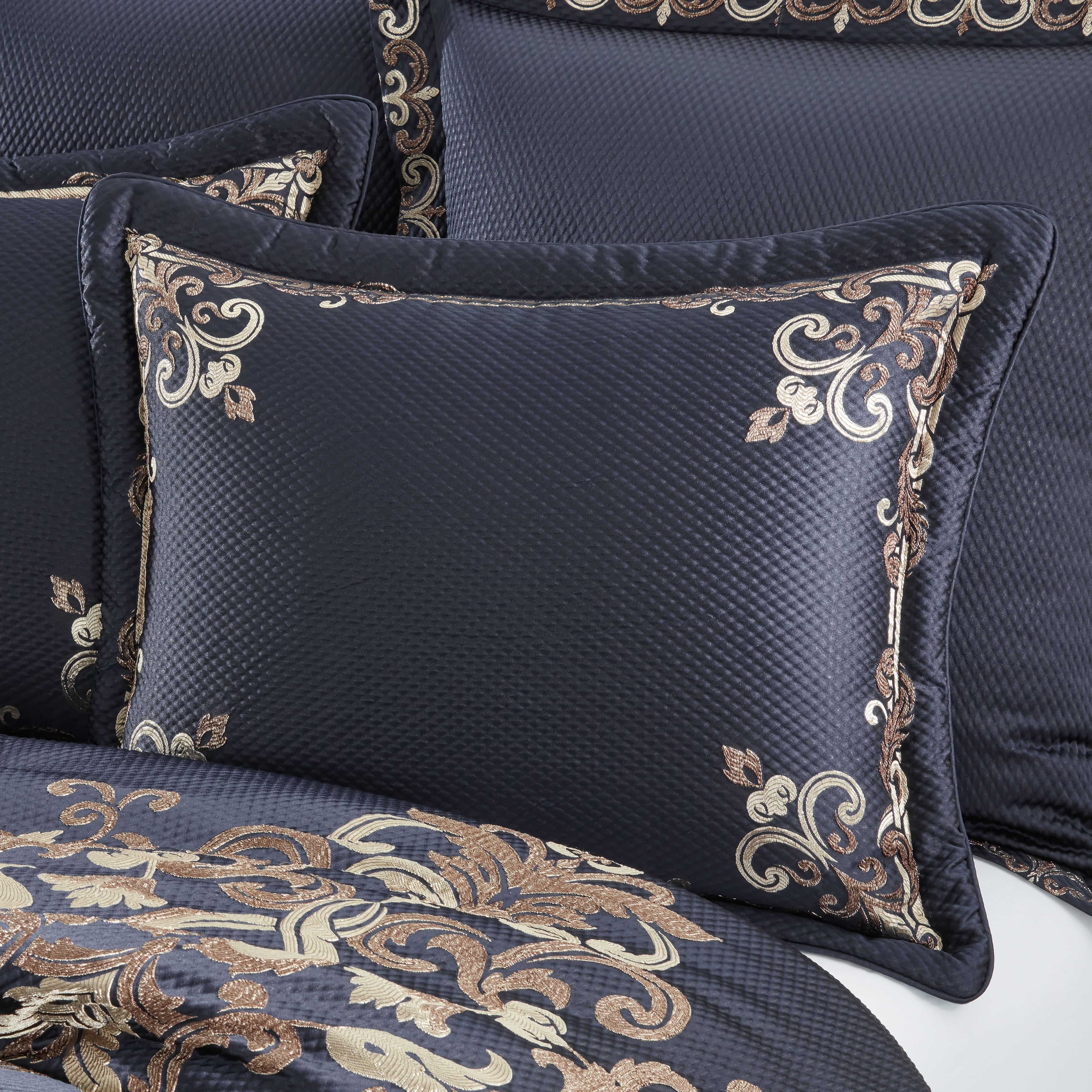 Royal Blue Woven Queen Bedspread Set with Gold Scroll Design