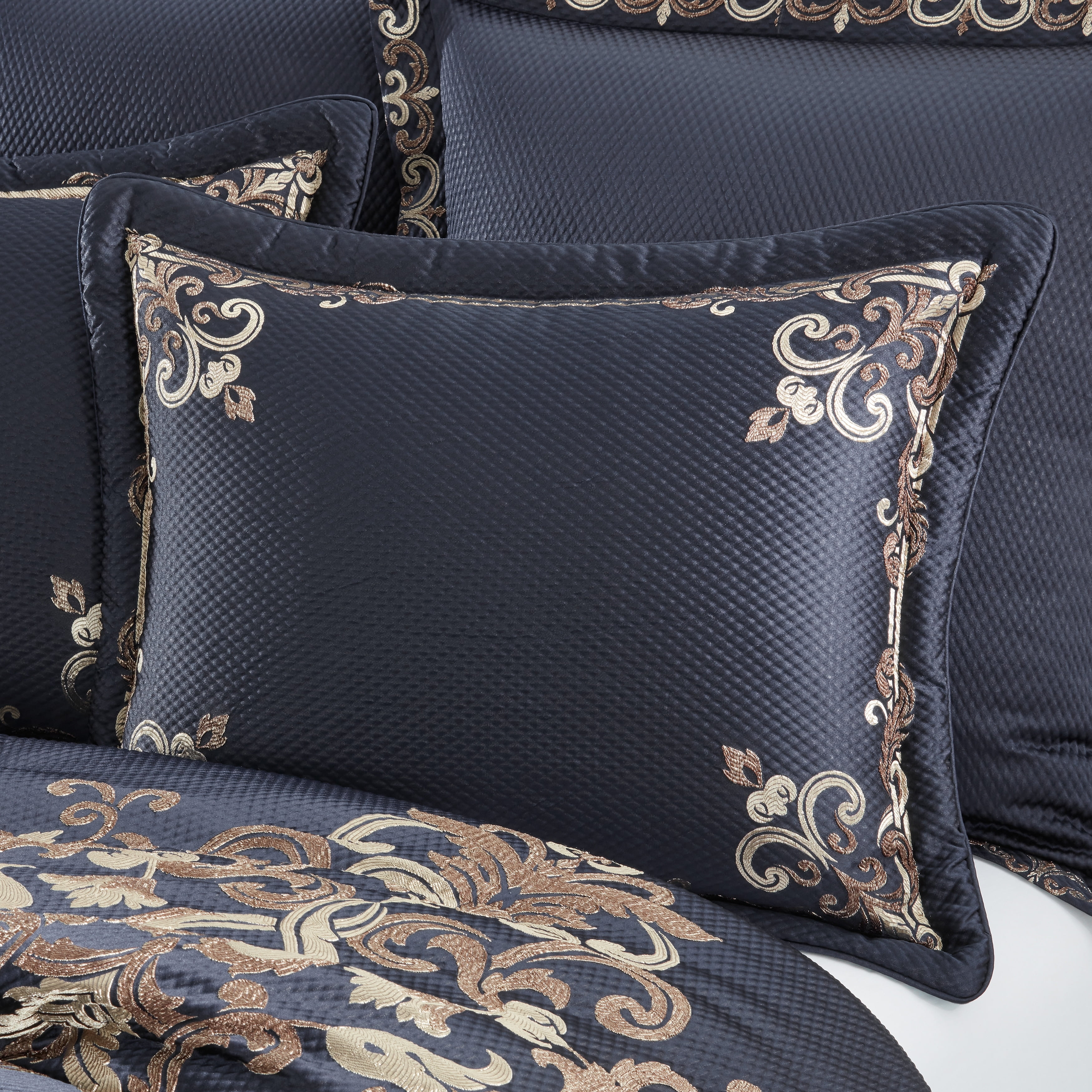 Royal Blue Woven Queen Bedspread Set with Gold Scroll Design