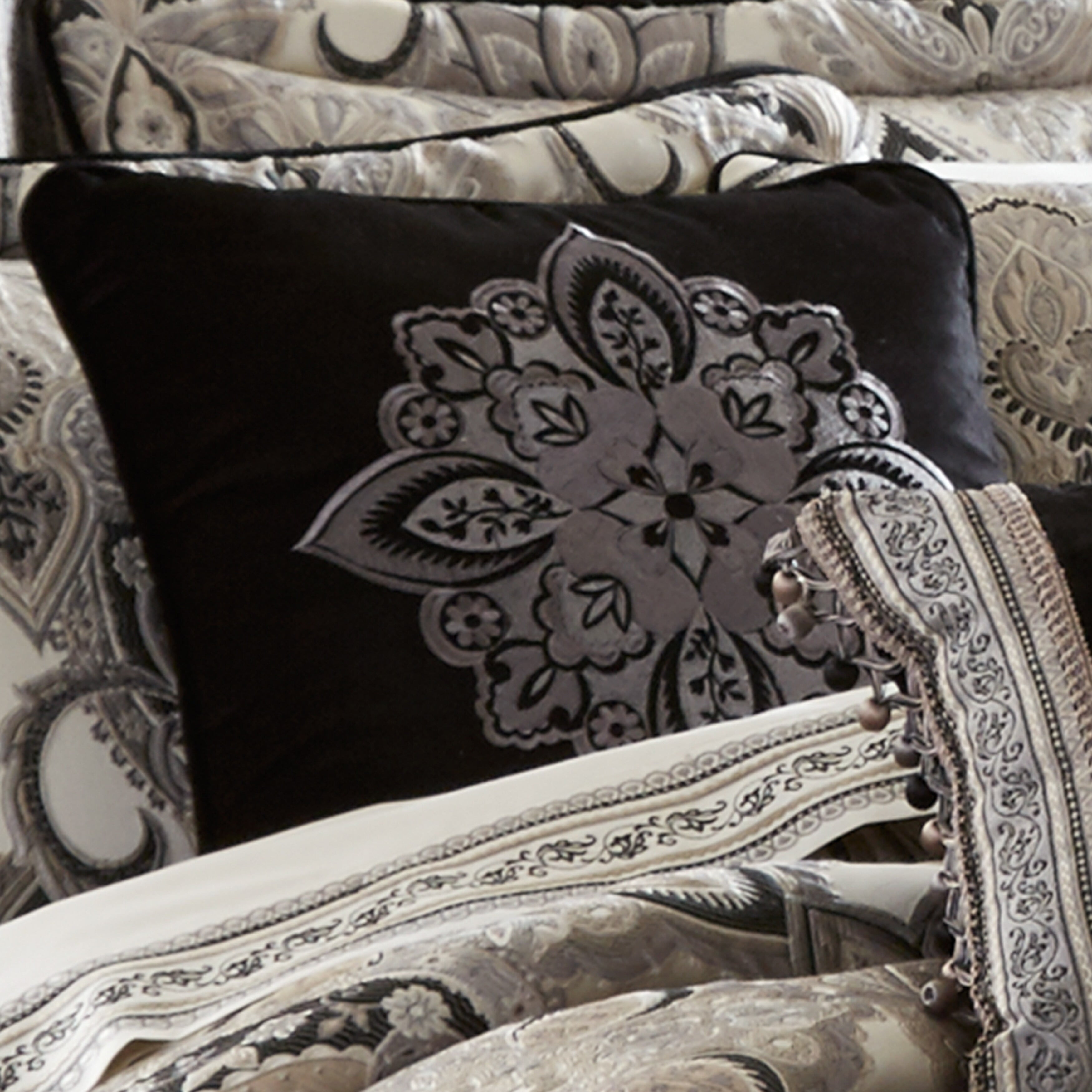 Black Velvet 18" Square Embroidered Decorative Pillow
