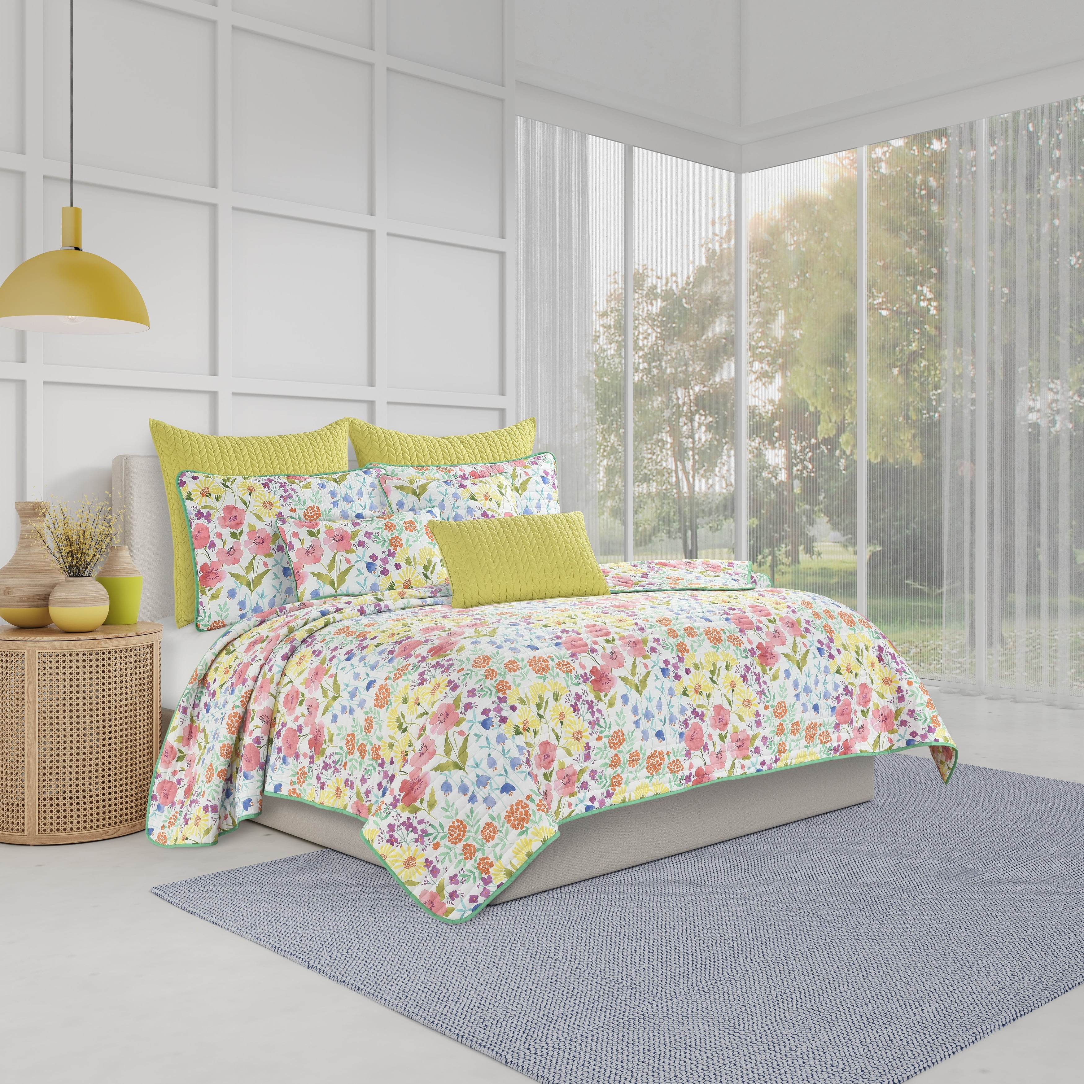 King Blue Microfiber Reversible Floral Quilt Set