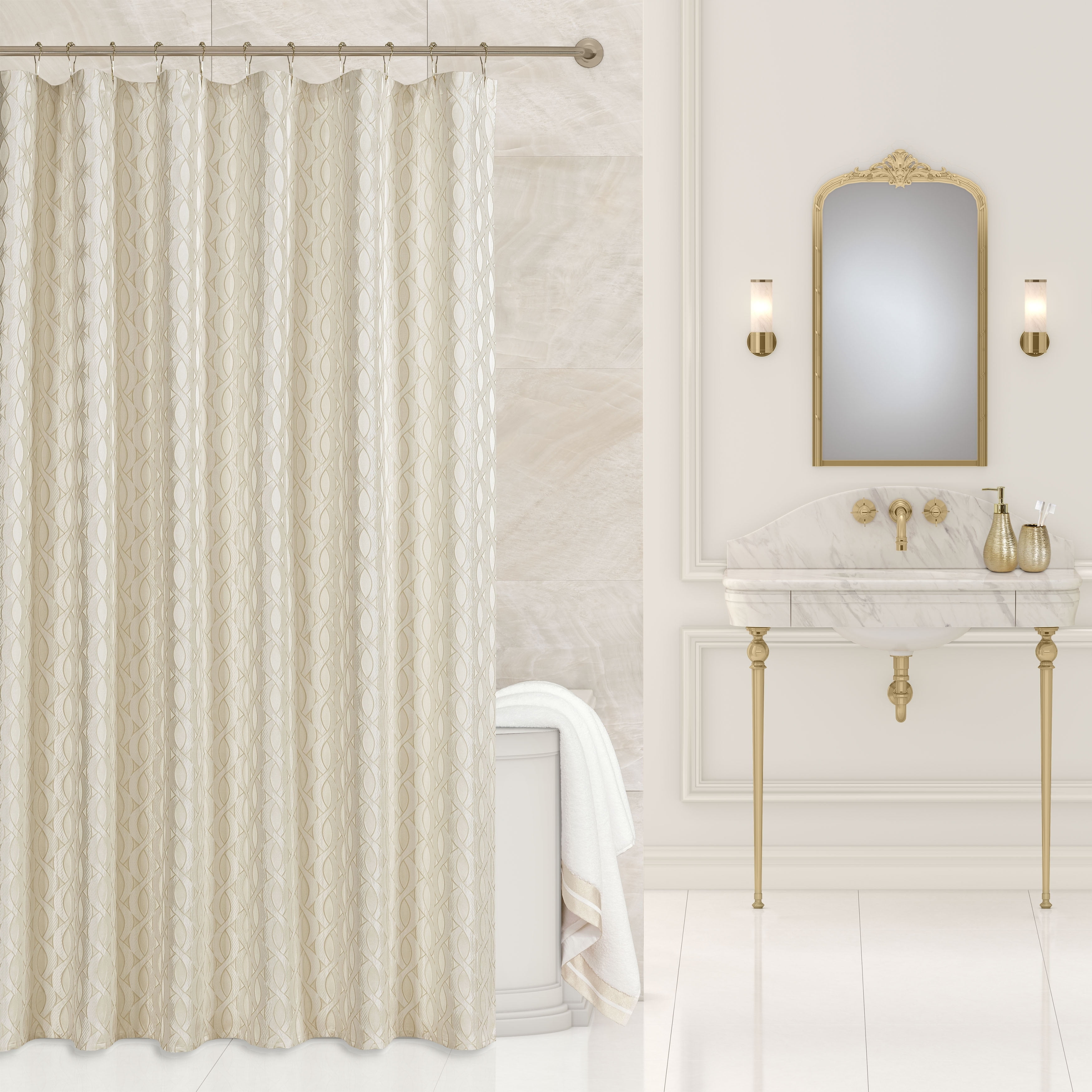 Ivory Polyester Luxury Damask Shower Curtain, 72" x 72"