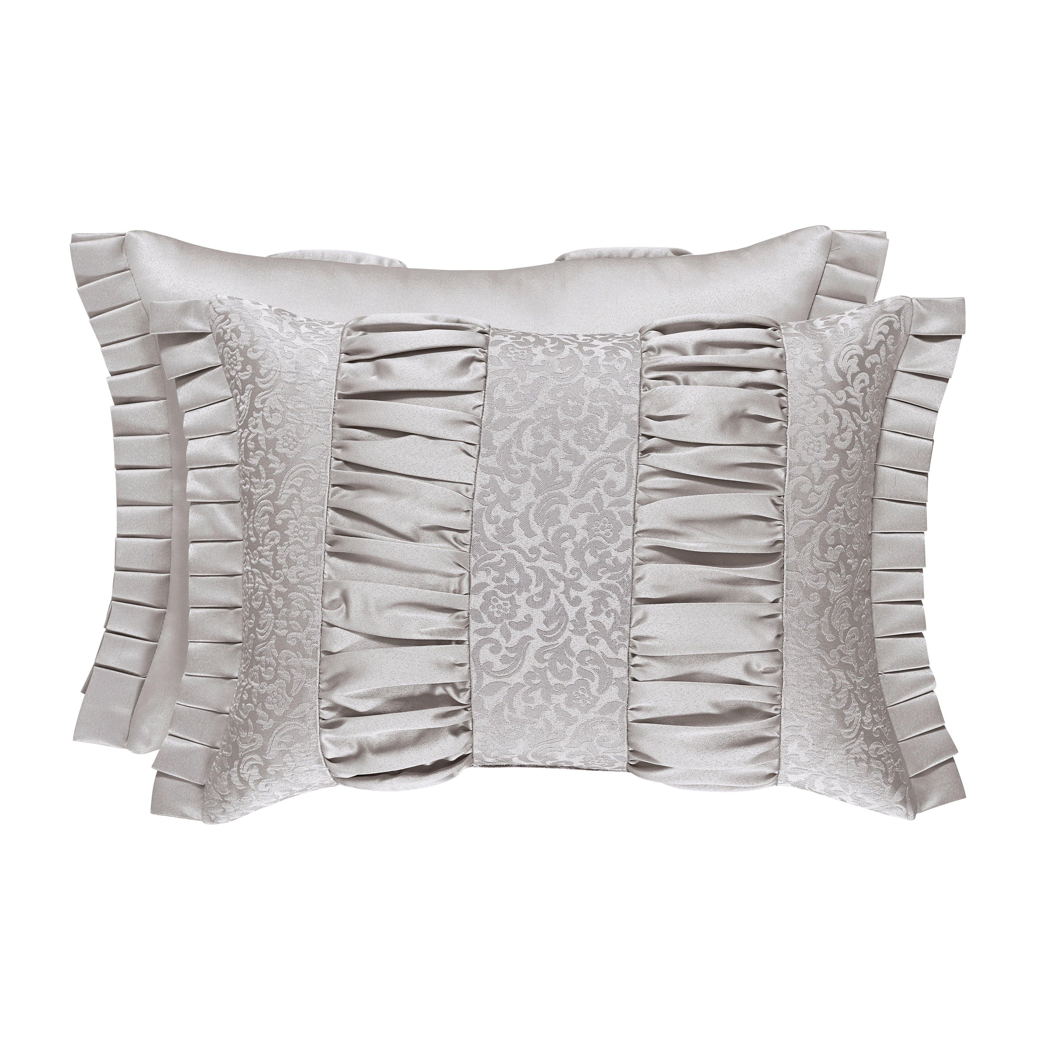 Silver Satin Rectangular Decorative Throw Pillow with Pleated Flanges