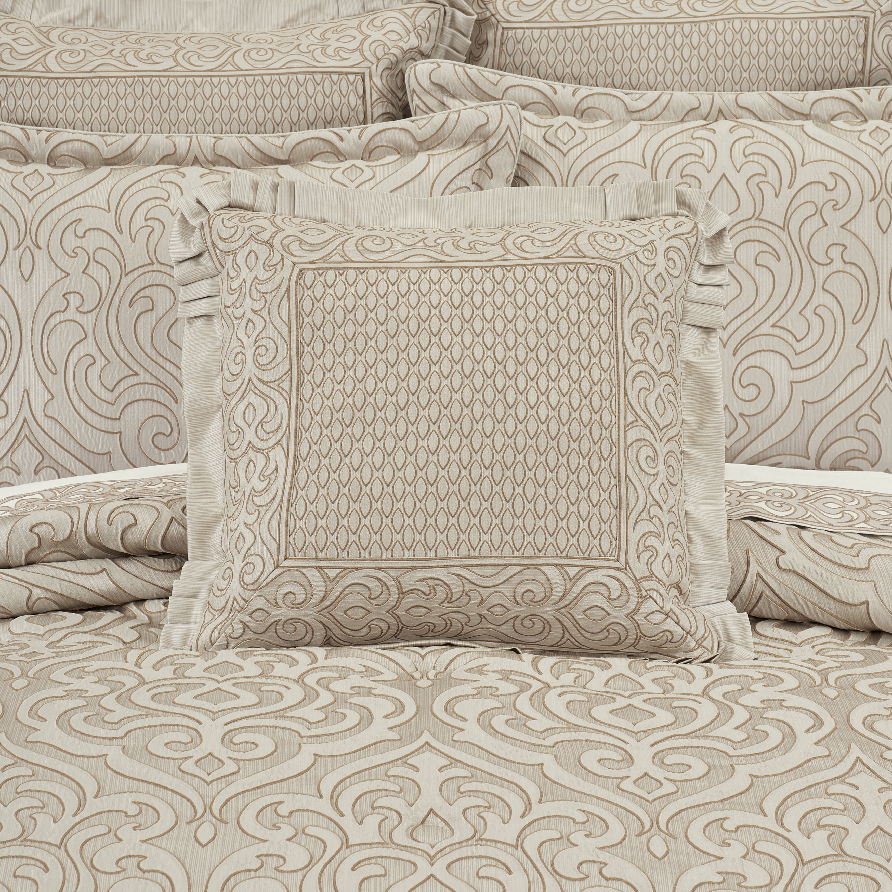 Ivory Scroll Border Patterned Square Throw Pillow