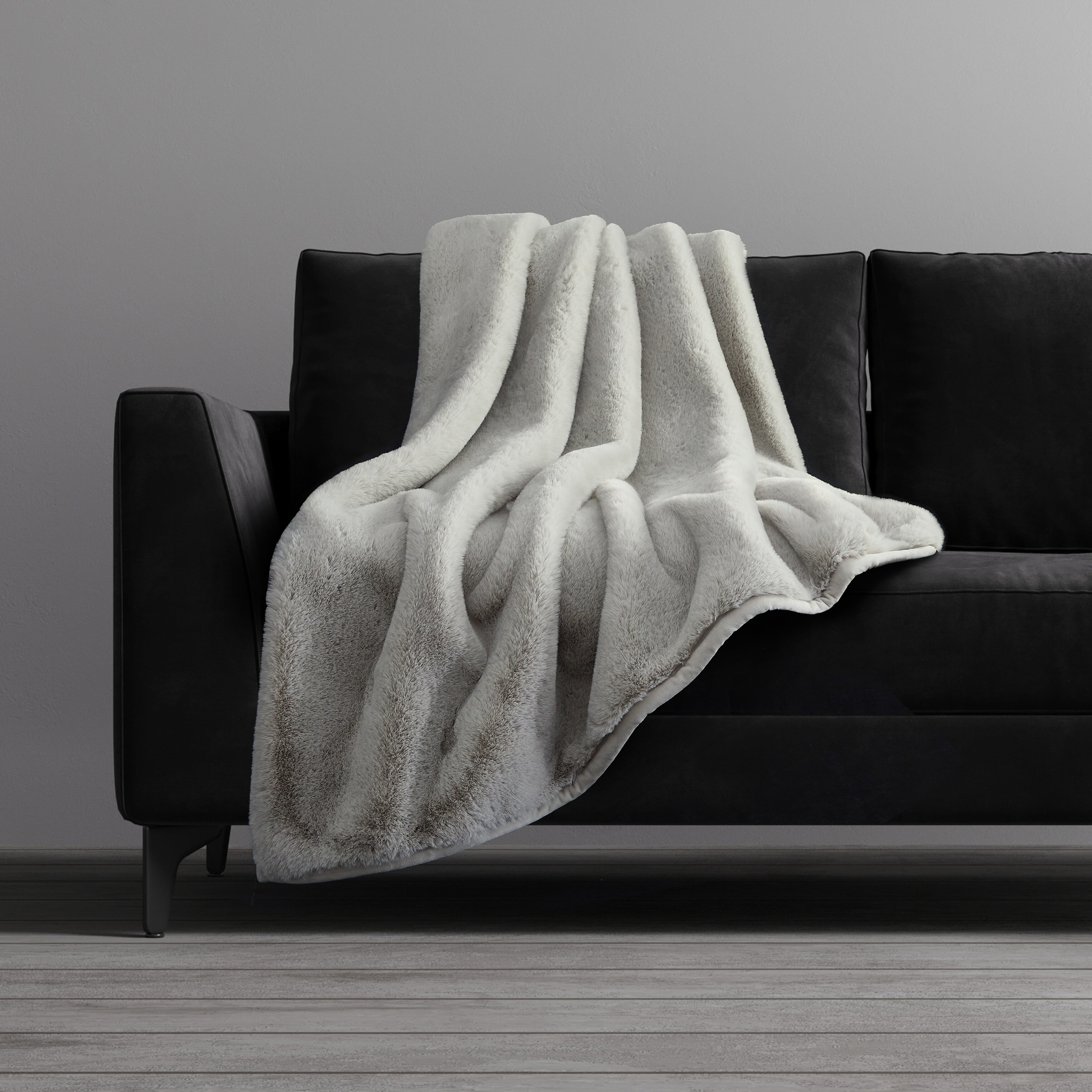 Queen Size Grey Faux Fur Reversible Throw Blanket