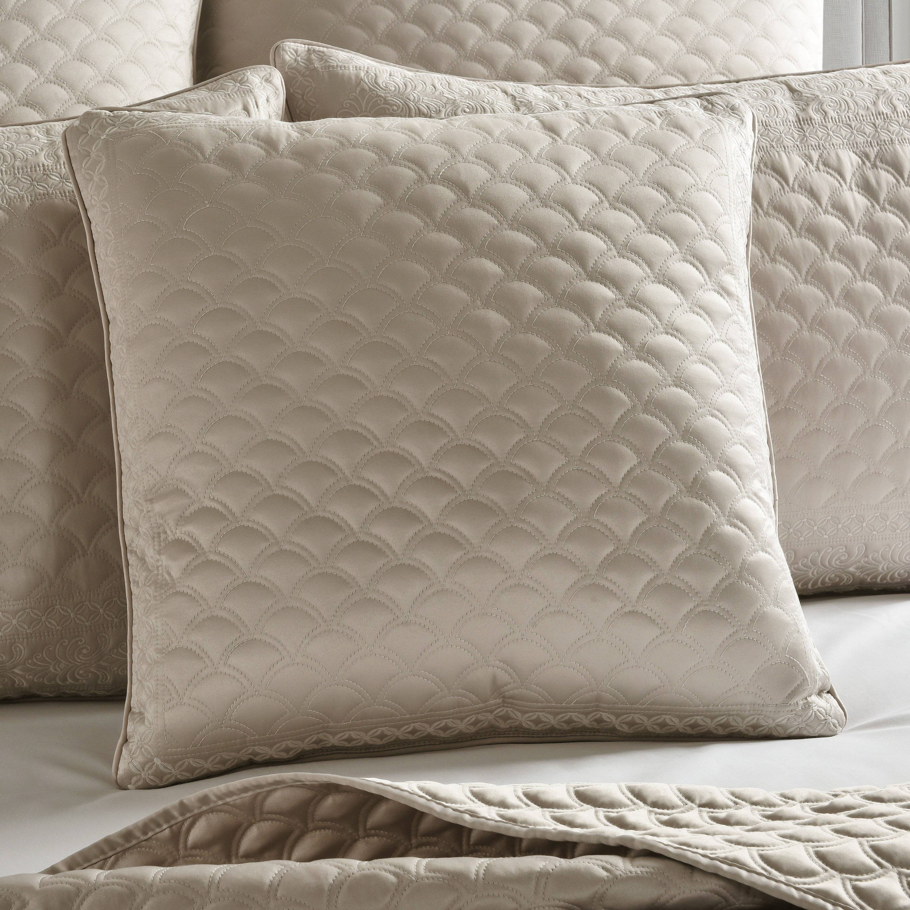 Pearl Beige Quilted Embroidered Square Throw Pillow