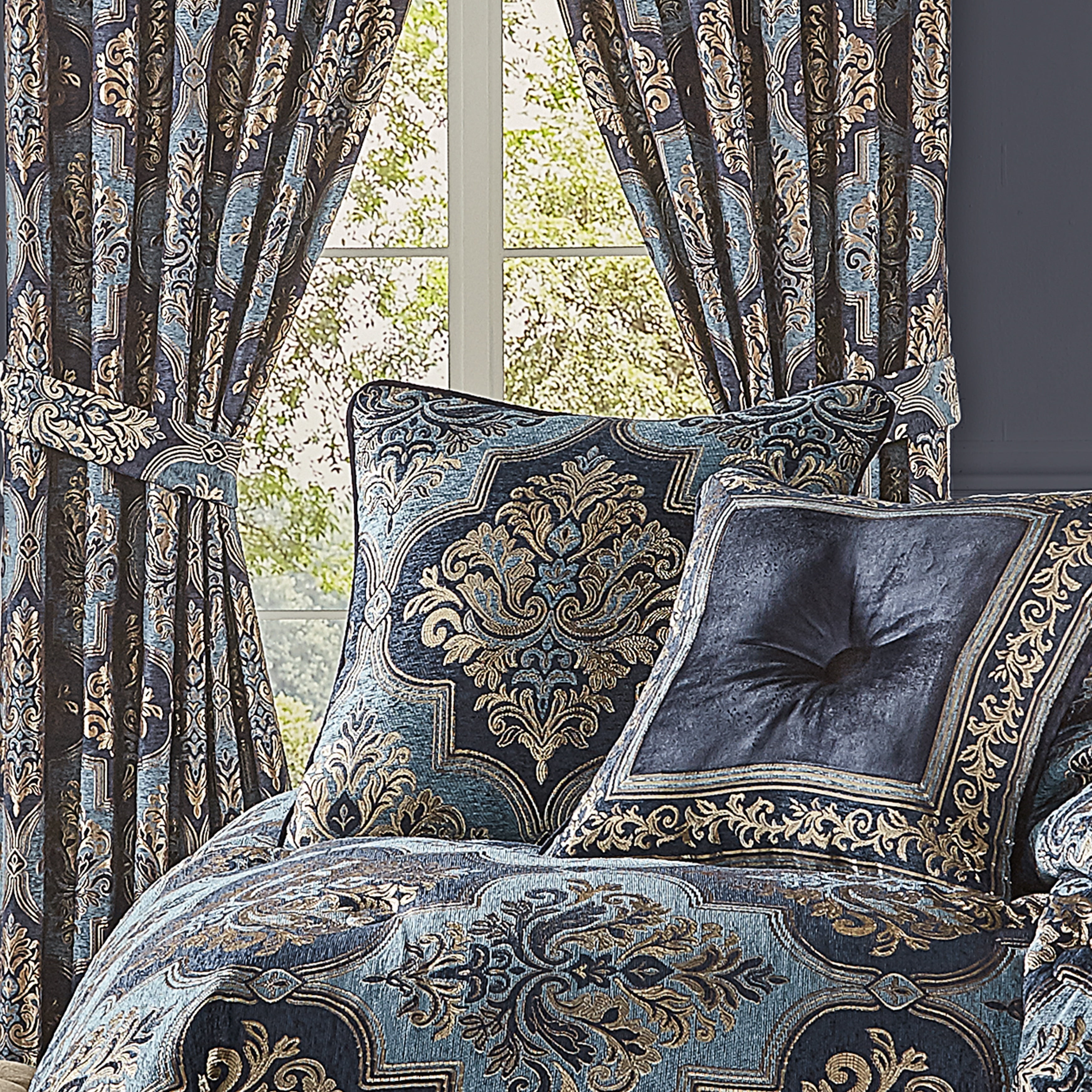 Indigo Damask 20" Square Woven Throw Pillow