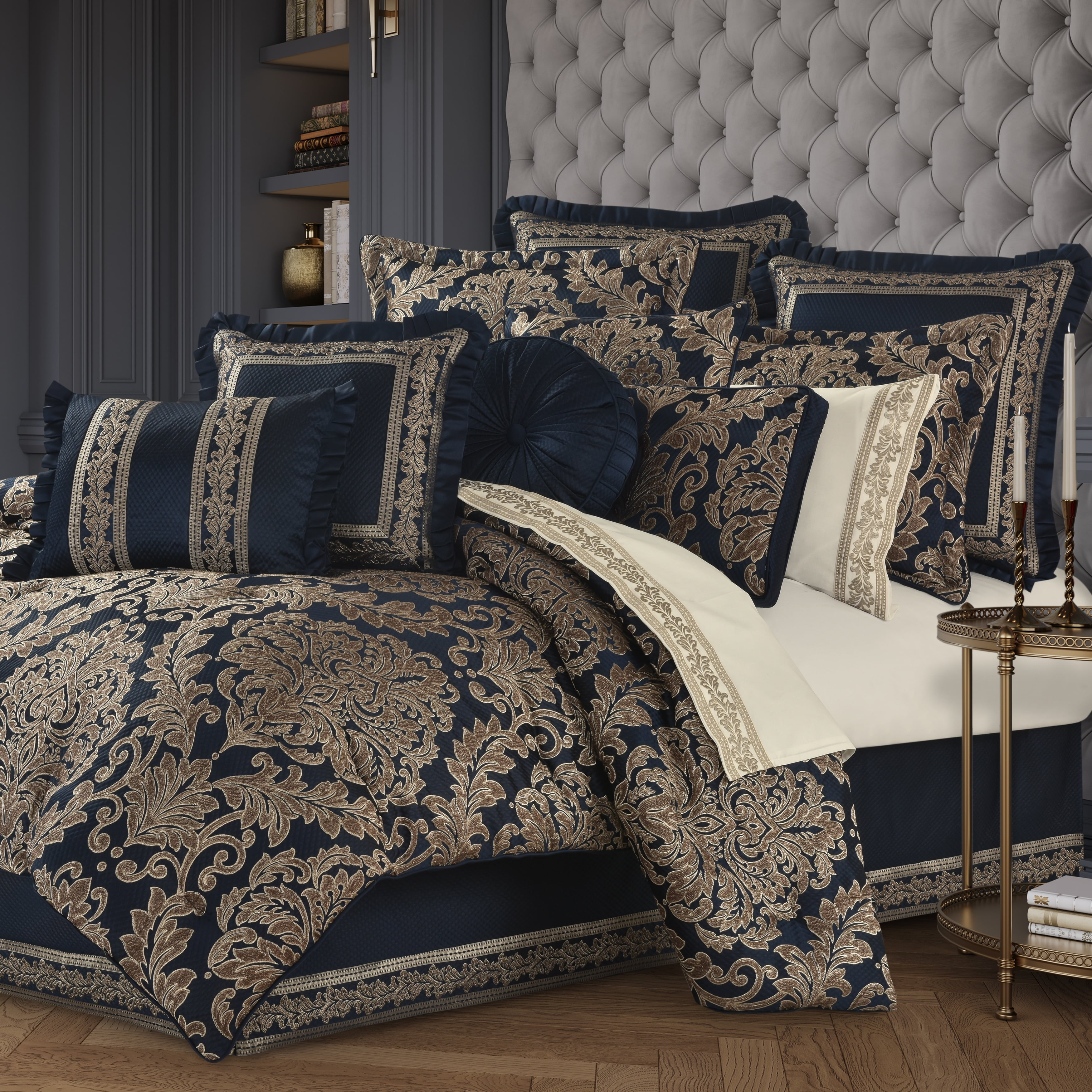 Navy Blue Satin Queen Comforter Set with Frills