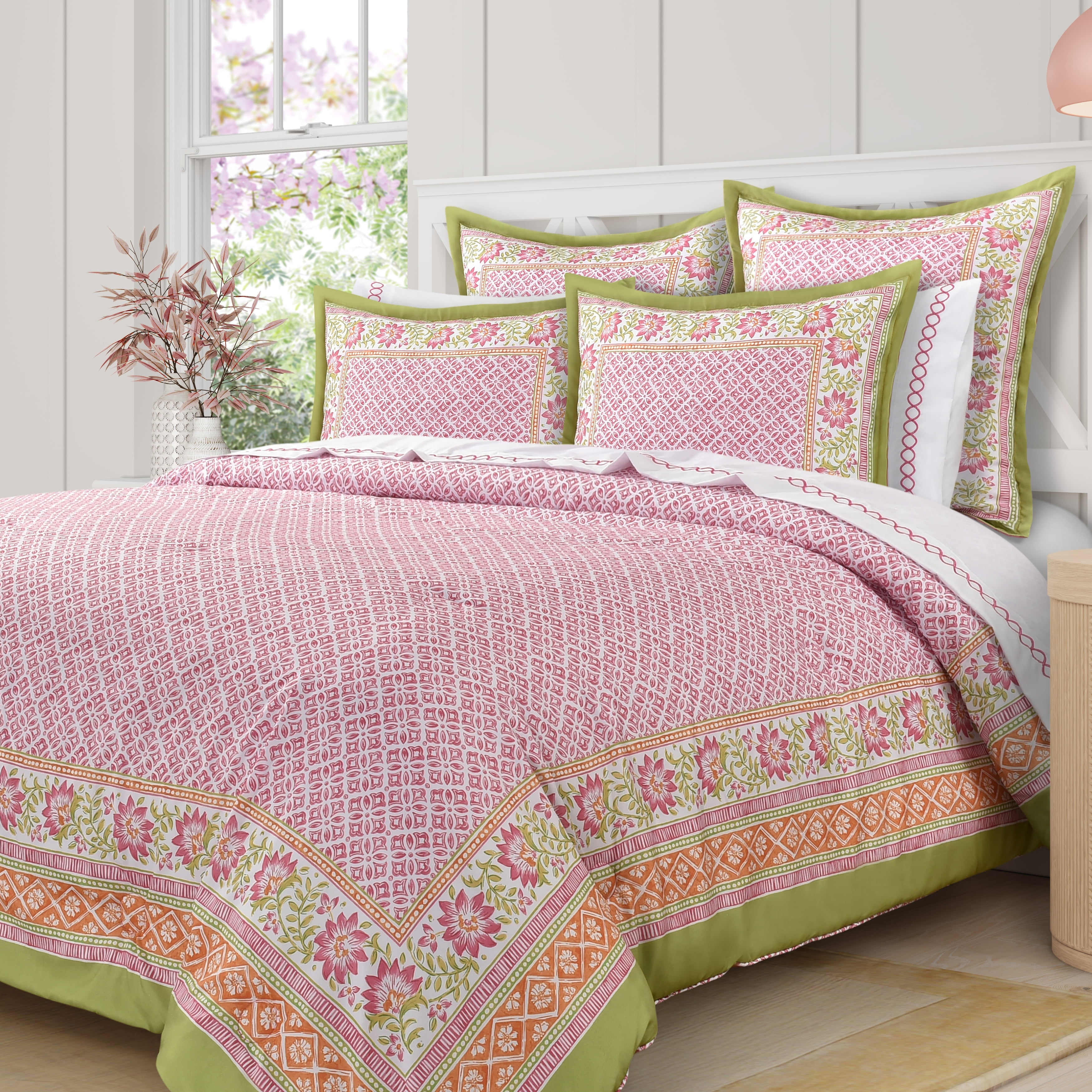 Queen Pink Microfiber Floral Geometric Comforter Set
