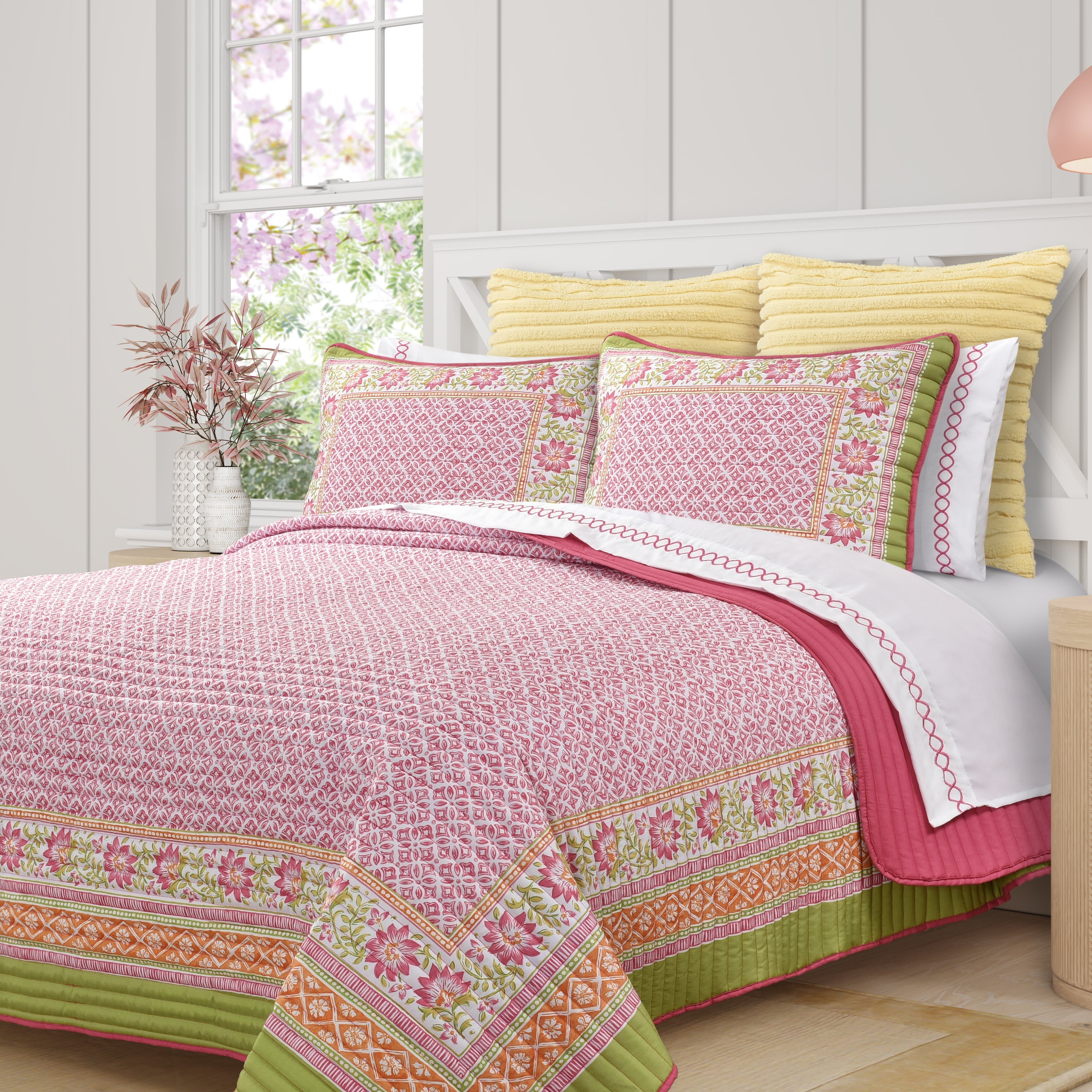 Pink Floral Stripe Queen Microfiber Quilt Set
