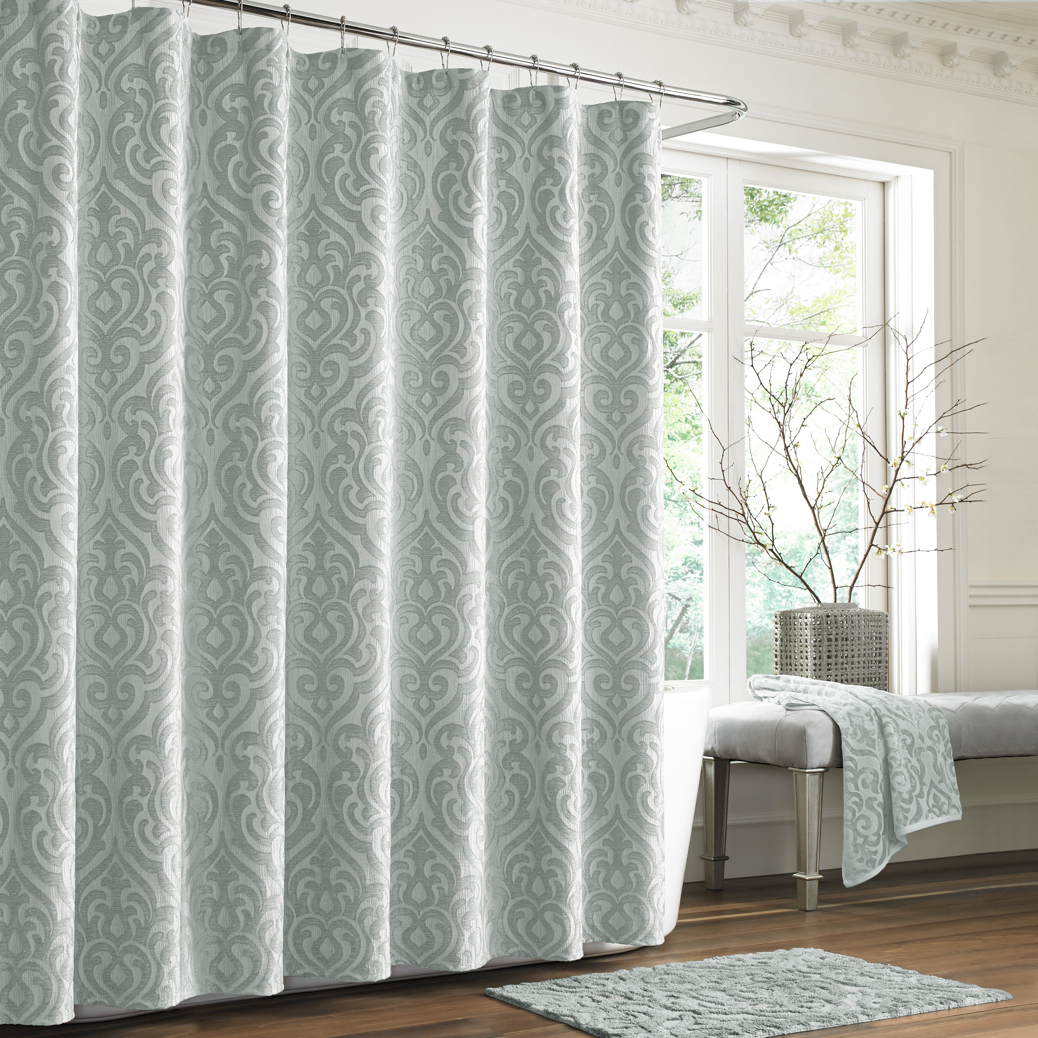 Sarah Spa Blue Woven Jacquard Damask Shower Curtain