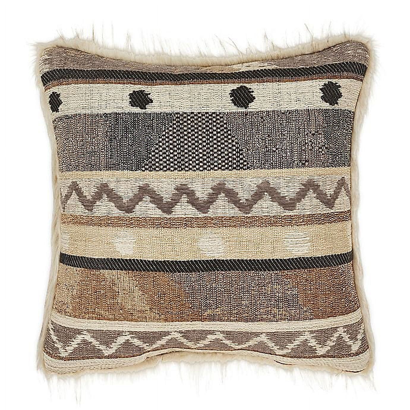 Embroidered Beige and Brown Square Throw Pillow with Faux Fur Trim