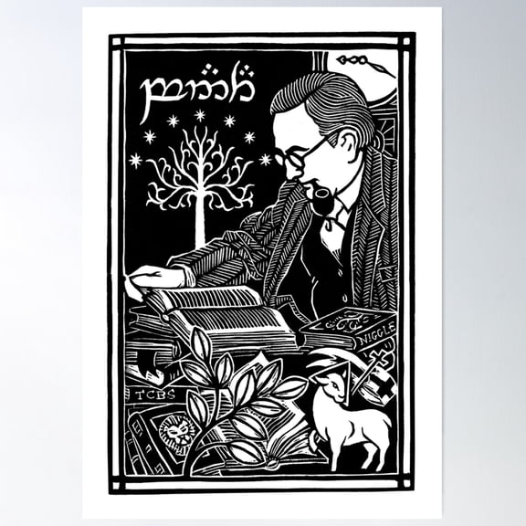 J.R.R. Tolkien Reading - Linocut Poster Wall Art, Modern Wall Decor For Living Room Bedroom, 12x18 UNFRAMED