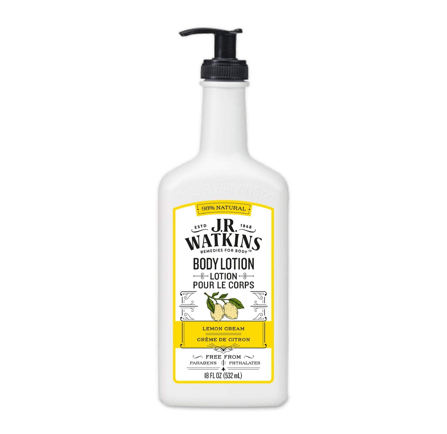 J.R. Watkins Daily Moisturizing Lotion - Body Cream in Pump Dispenser - Hydrating Skin Cream Made with Shea Butter, Cocoa Butter, Coconut Oil & Vitamin E, Lemon Cream, 18 fl oz C2