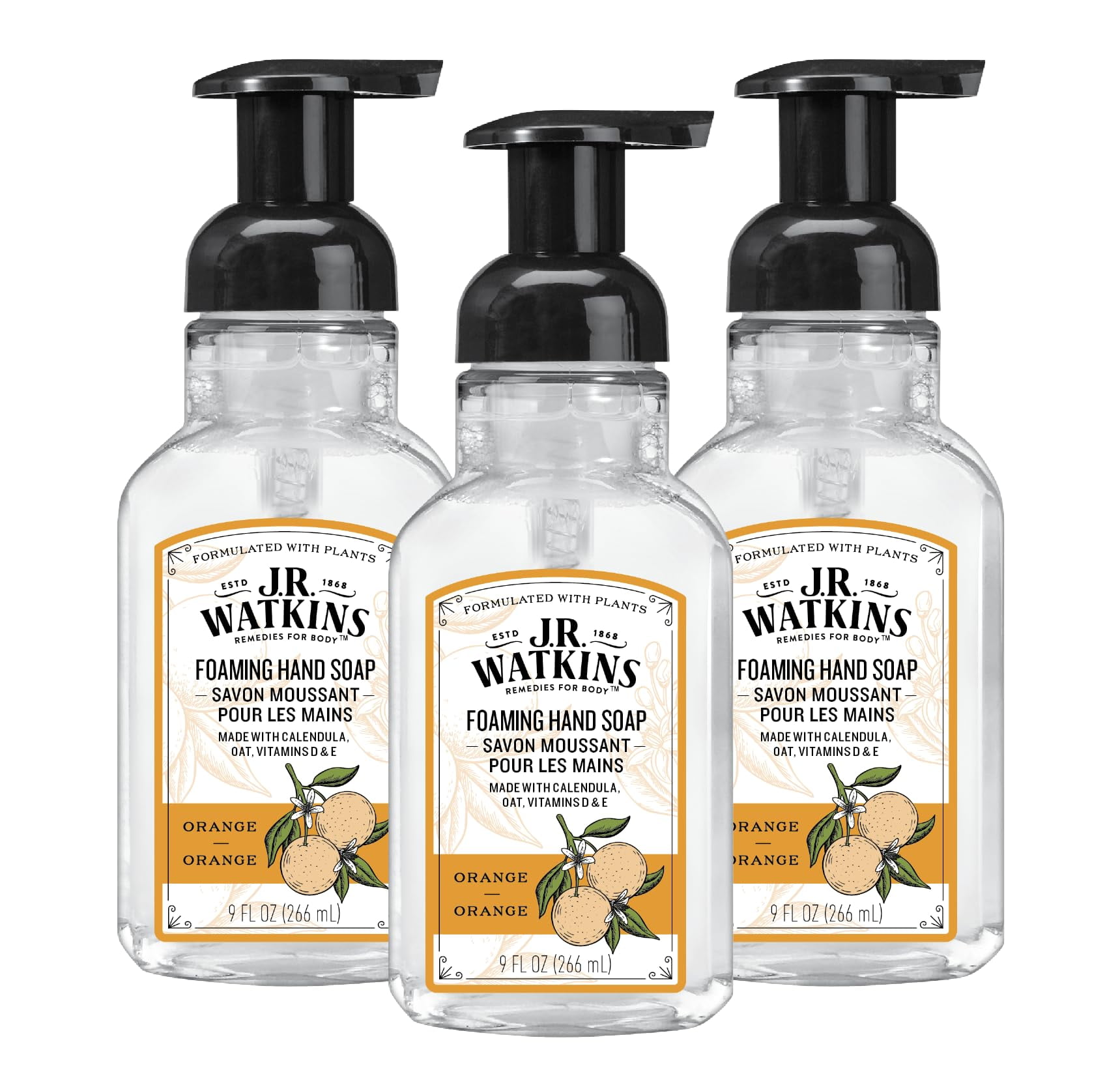 J.R. Watkins Foaming Hand Soap Pump With Dispenser, Moisturizing All Natural Hand Soap Foam, Alcohol-Free, Cruelty-Free, Usa Made, Use As Kitchen Or Bathroom Soap, Orange, 9 Fl Oz, 3 Pack.