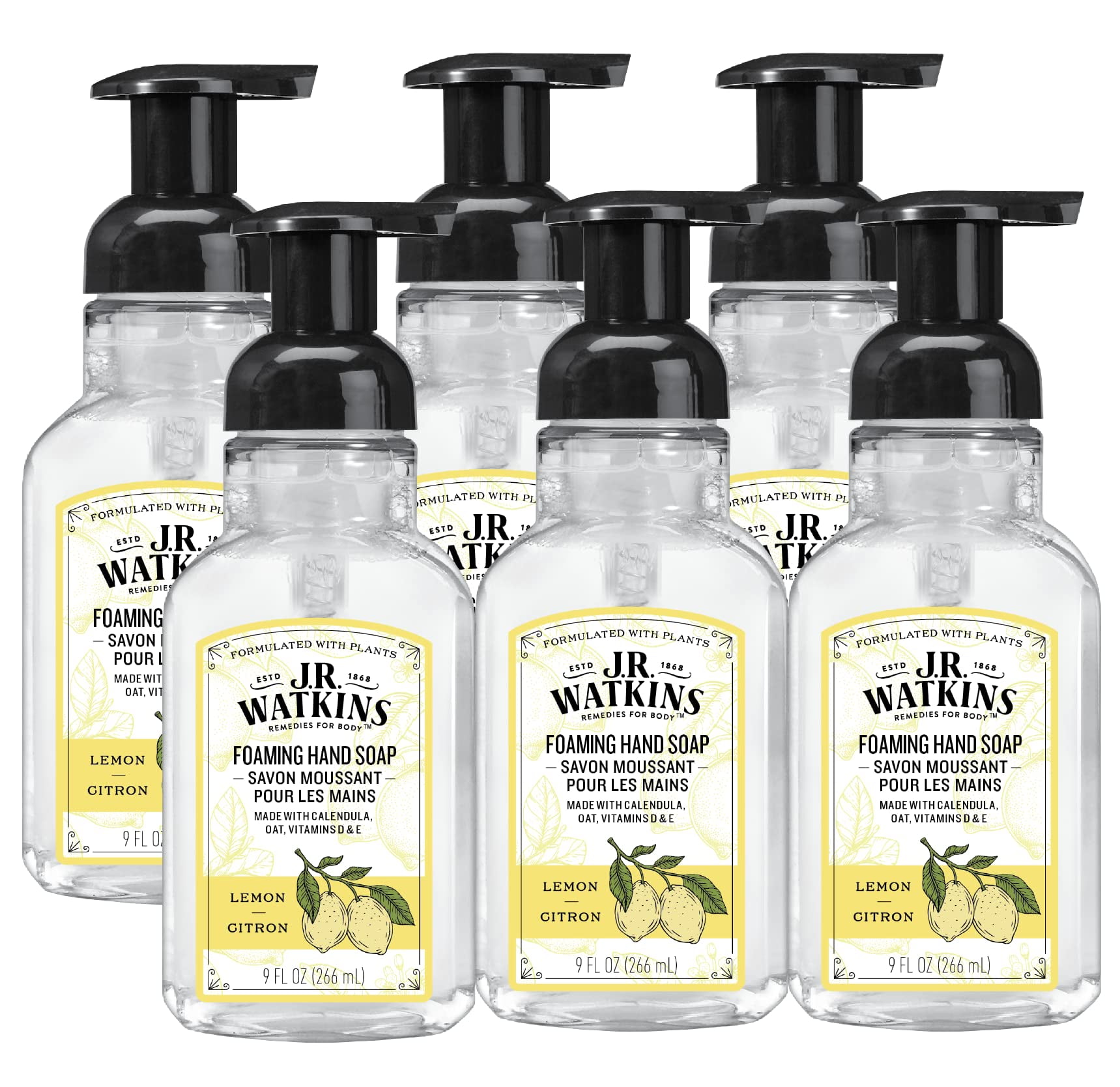J.R. Watkins Foaming Hand Soap Pump with Dispenser, Moisturizing All Natural Hand Soap Foam, Alcohol-Free Hand Wash, Cruelty-Free, USA Made, Use as Kitchen or Bathroom Soap, Lemon, 9 fl oz, 6 Pack