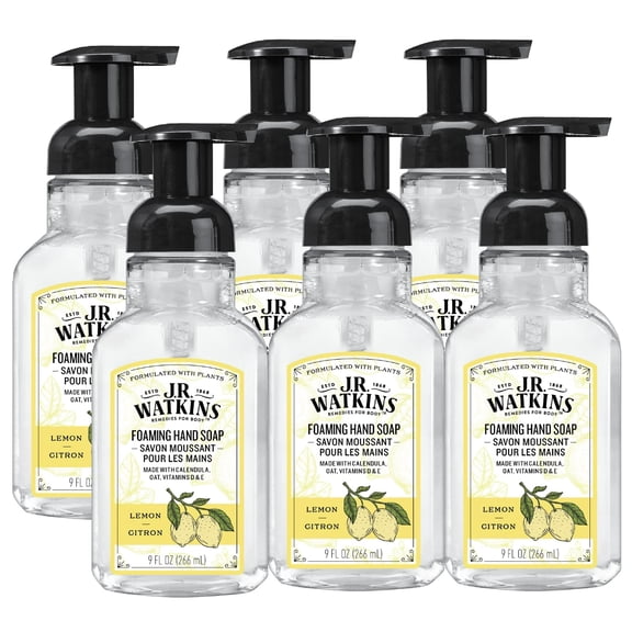 J.R. Watkins Foaming Hand Soap Pump with Dispenser, Moisturizing All Natural Hand Soap Foam, Alcohol-Free Hand Wash, Cruelty-Free, USA Made, Use as Kitchen or Bathroom Soap, Lemon, 9 fl oz, 6 Pack