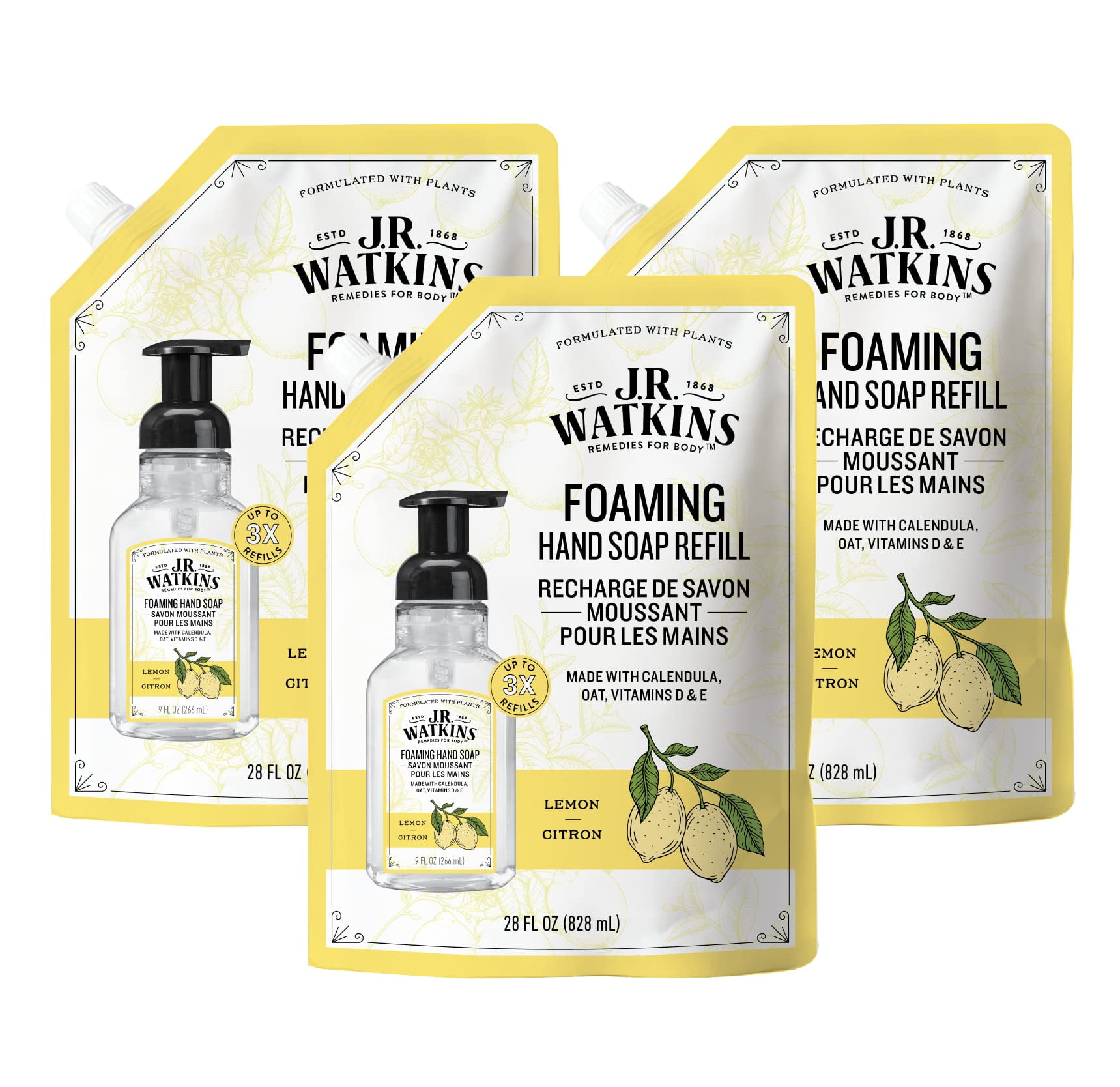 J.R. Watkins Foaming Hand Soap Refill, Moisturizing Foam Hand Wash, All Natural, Alcohol-Free, Cruelty-Free, Usa Made, Lemon, 28 Fl Oz, 3 Pack.