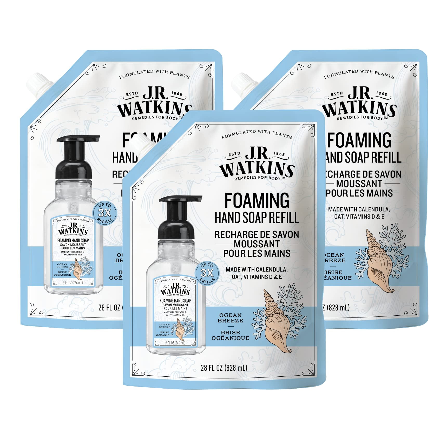 J.R. Watkins Foaming Hand Soap Refill, Moisturizing Foam Hand Wash, All Natural, Alcohol-Free, Cruelty-Free, Usa Made, Ocean Breeze, 28 Fl Oz, 3 Pack.