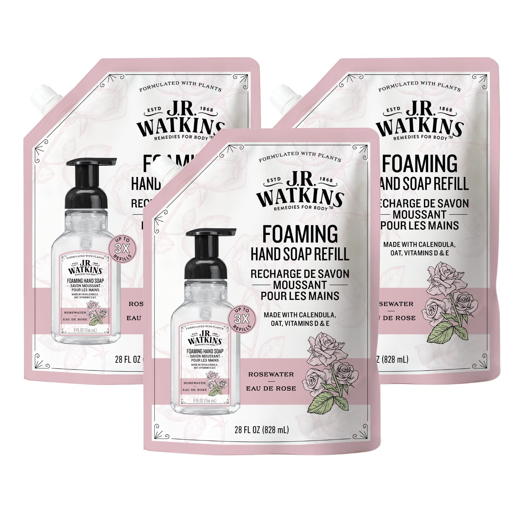 J.R. Watkins Foaming Hand Soap Refills, All Natural, Alcohol-Free Hand Wash, Cruelty-Free, Usa Made, Moisturizing Hand Soap Refill For Bathroom Or Kitchen, Rosewater, 28 Fl Oz Foam Soap Refill, 3.
