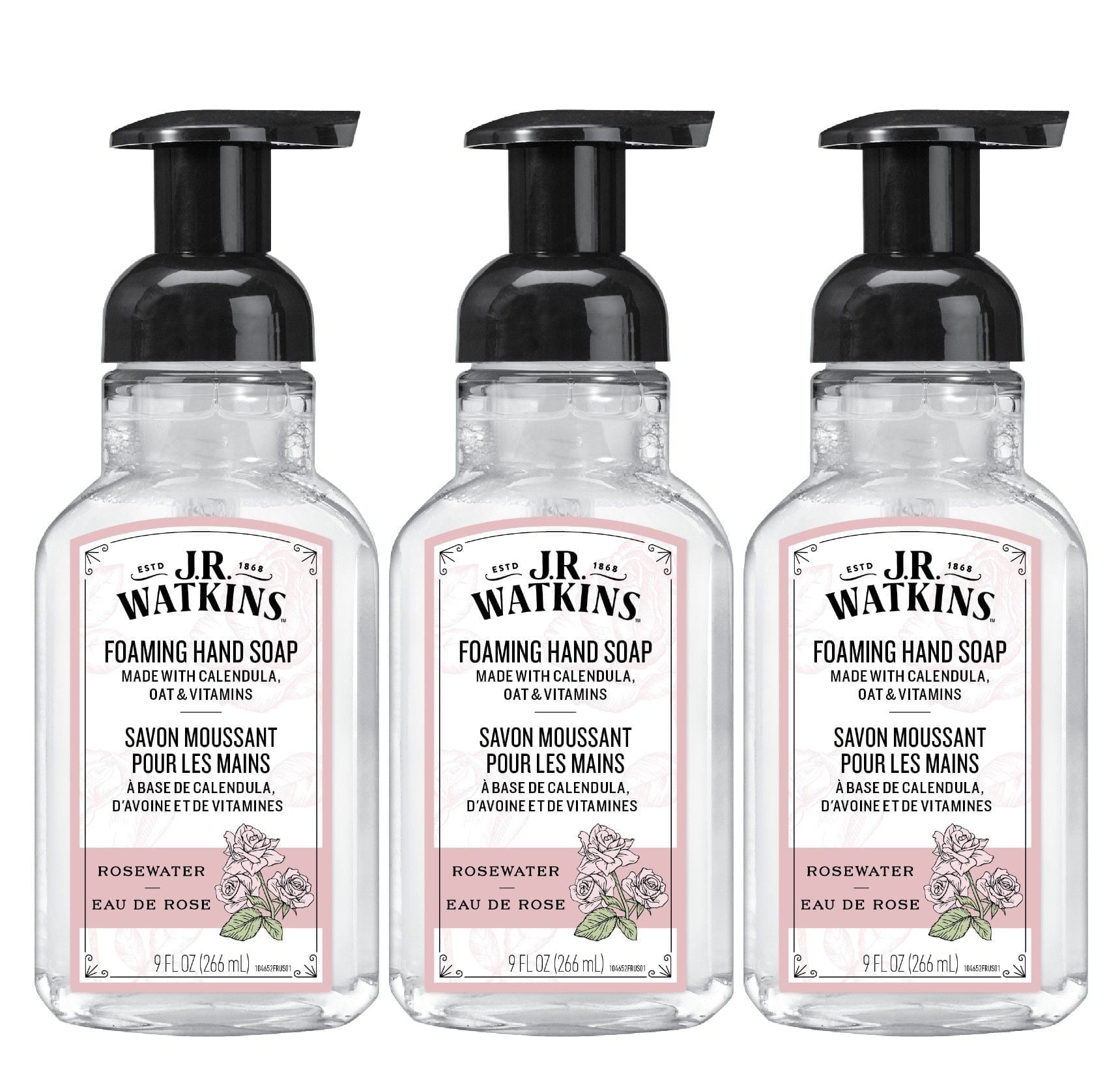 J.R. Watkins Foaming Hand Soap, Rosewater, 3 pack, 9 fl oz