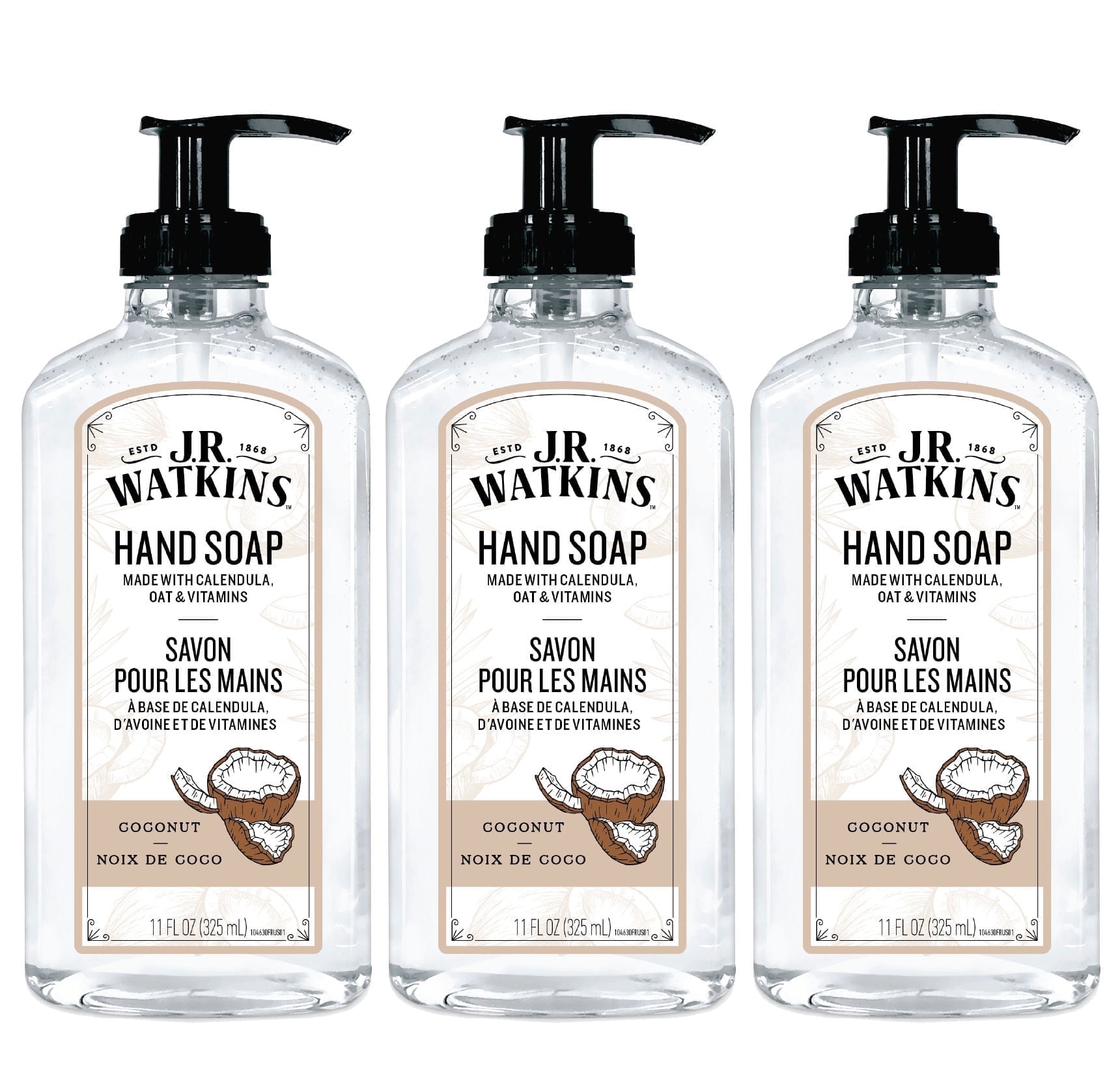 J.R. Watkins Gel Hand Soap, Coconut, 3 pack, 11 fl oz