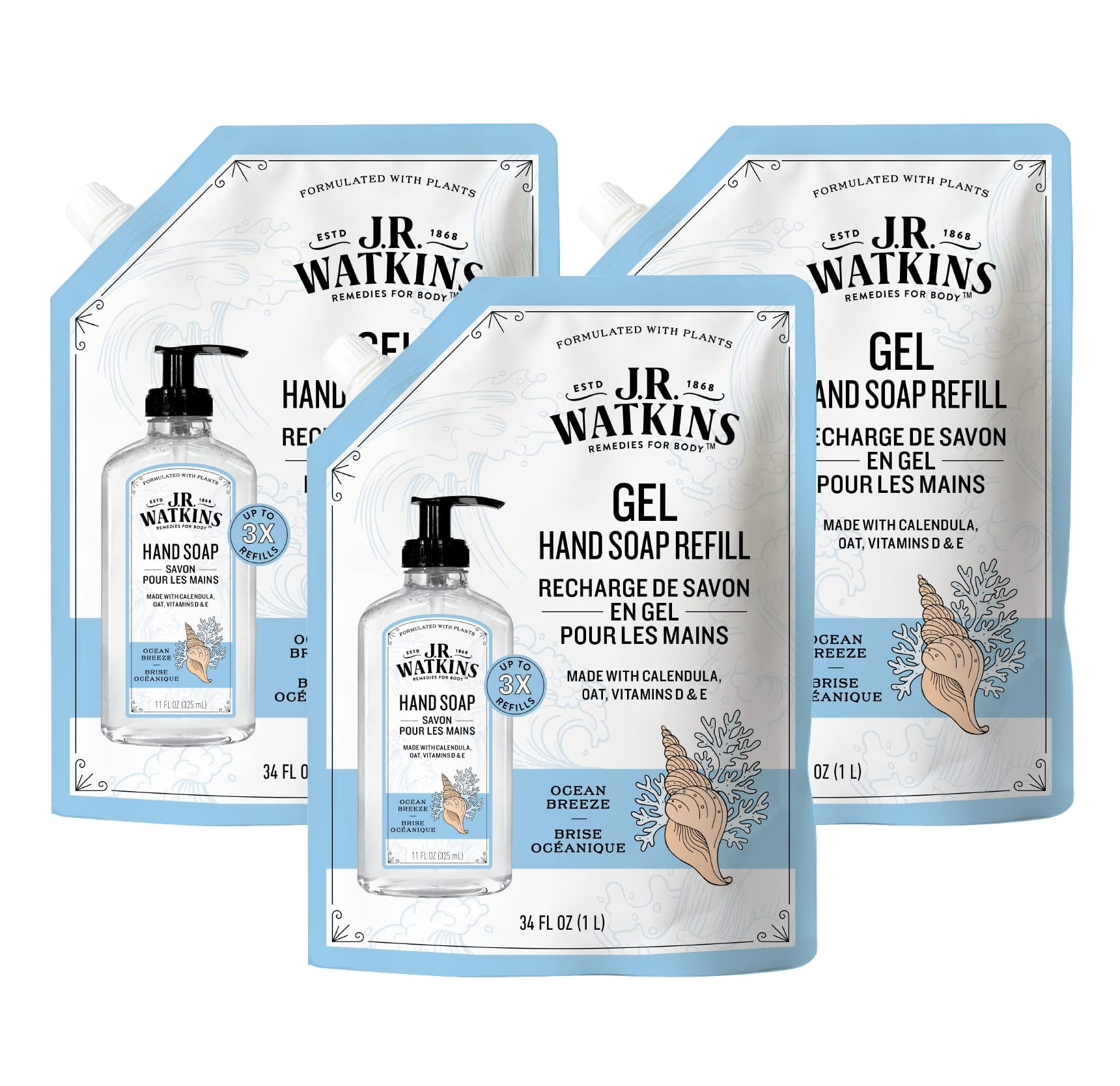 J.R. Watkins Gel Hand Soap Refill, Moisturizing Hand Wash, All Natural, Alcohol-Free, Cruelty-Free, Usa Made, Ocean Breeze, 34 Fl Oz, 3 Pack.