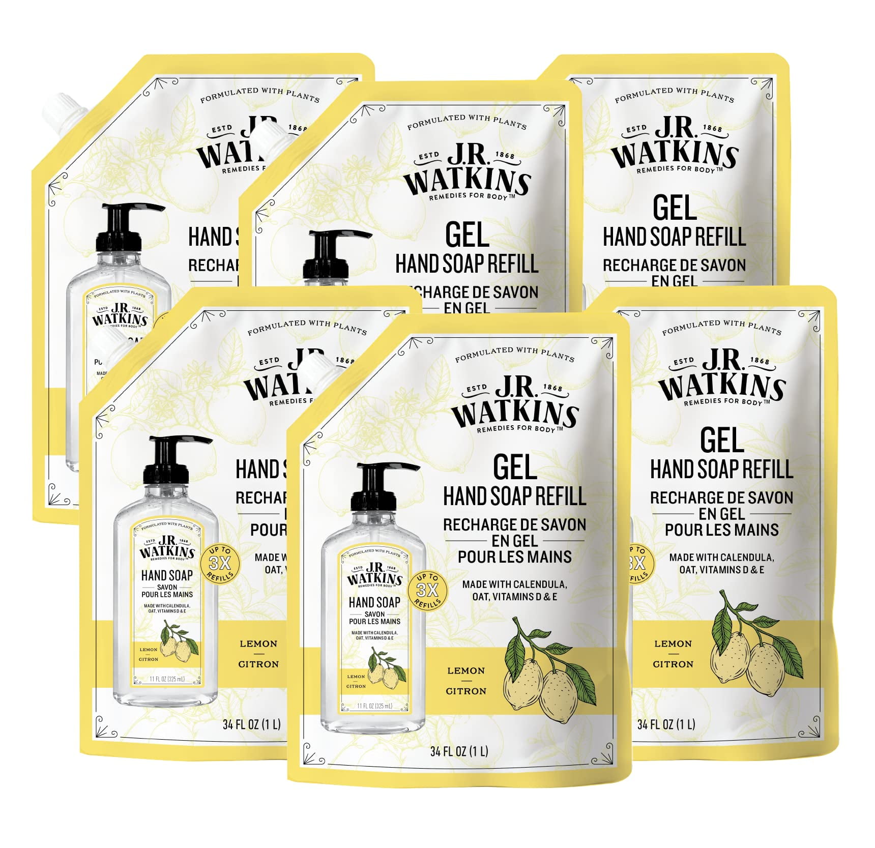 J.R. Watkins Gel Hand Soap Refill Pouch, Scented Liquid Hand Wash For Bathroom Or&nbsp;Kitchen, Usa Made And Cruelty Free, 34 Fl Oz, Lemon, 6 Pack.