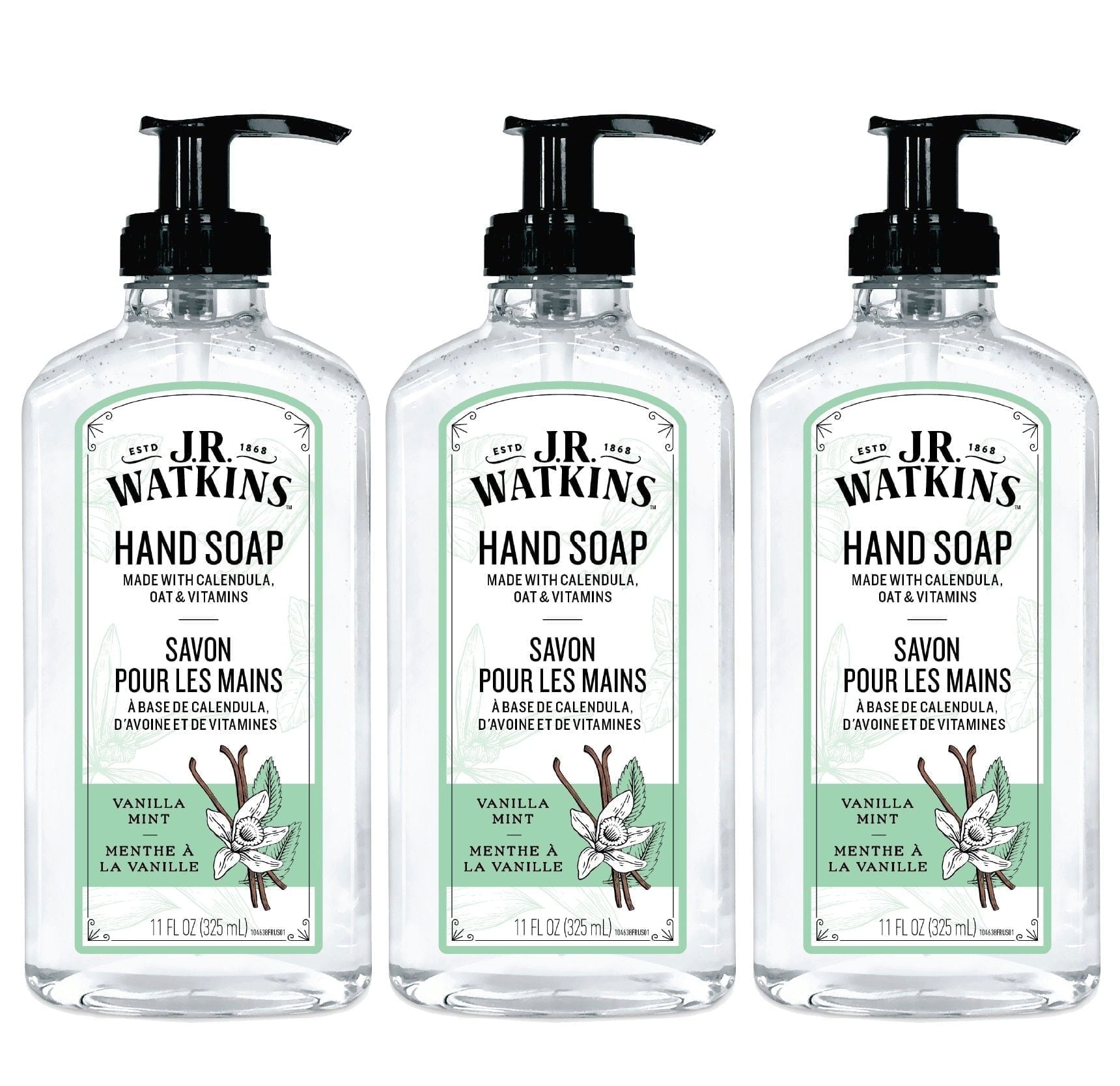 J.R. Watkins Gel Hand Soap, Vanilla Mint, 3 pack, 11 fl oz