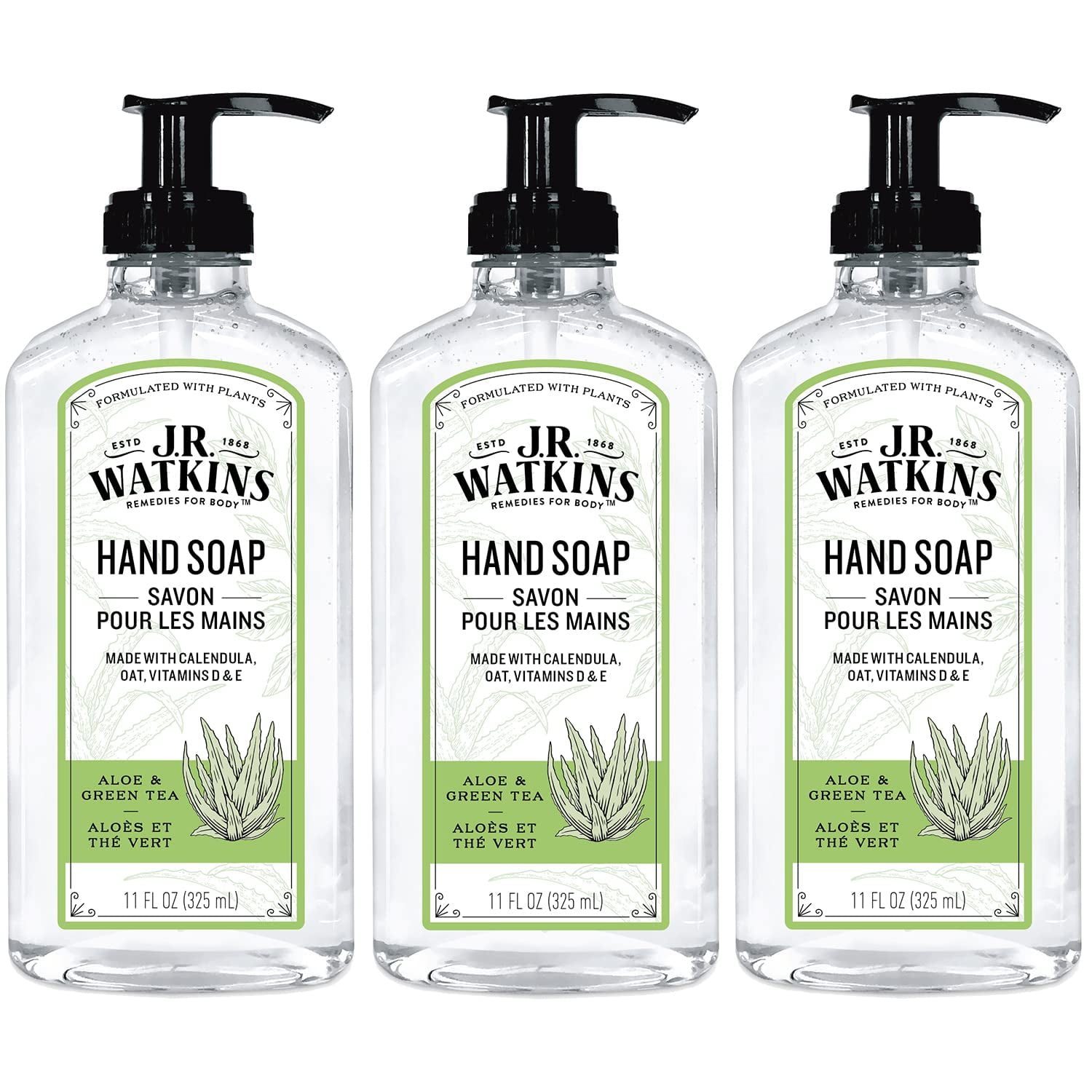 J.R. Watkins Liquid Hand Soap With Dispenser, Moisturizing Hand Soap, Alcohol-Free Hand Wash, Cruelty-Free, USA Made Liquid Soap For Bathroom or Kitchen, Aloe & Green Tea, 11 Fl Oz, 3 Pack