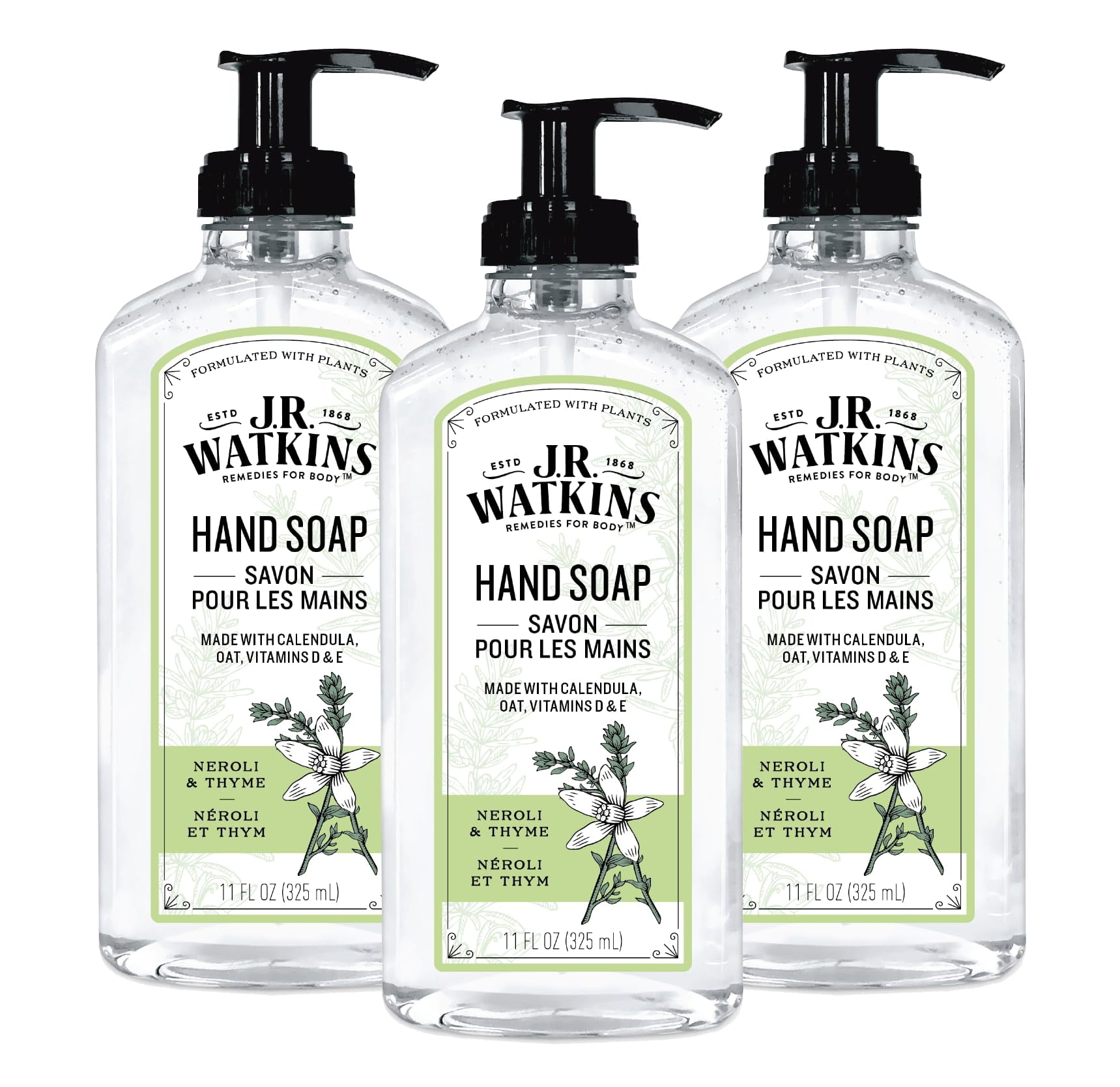 J.R. Watkins Liquid Hand Soap With Dispenser, Moisturizing Hand Soap, Alcohol-Free Hand Wash, Cruelty-Free, Usa Made Liquid Soap For Bathroom And Kitchen, Neroli & Thyme, 11 Fl Oz, 3 Pack.