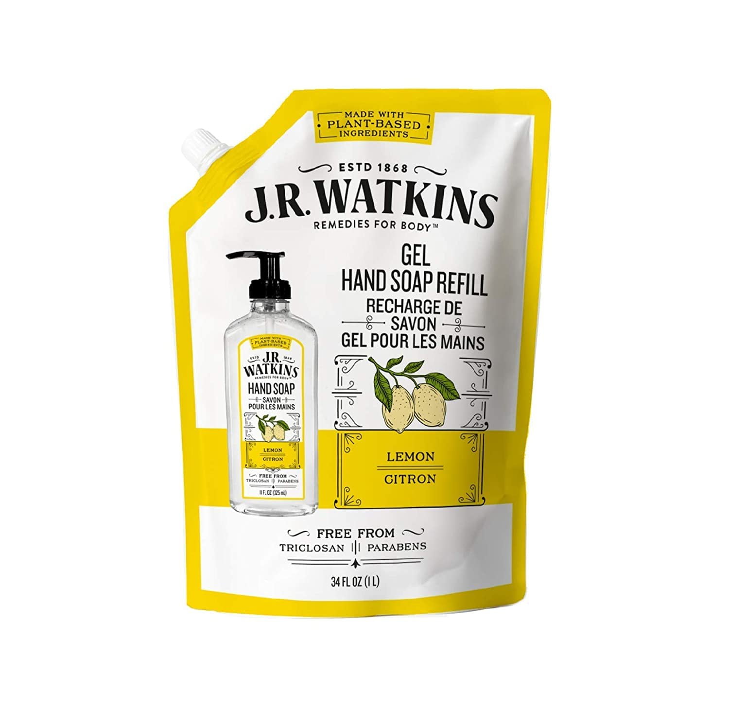 J.R. Watkins Liquid Hand Soap Lemon 34 oz Refill, Pack of 3