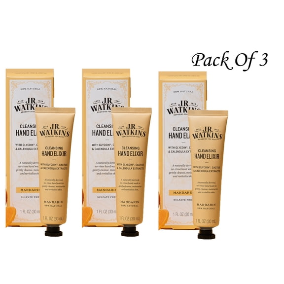 J.R. Watkins Mandarin Hand Elixir, No Rinse Waterless Cleansing Hand Wash, 1 Oz (3 Pack)