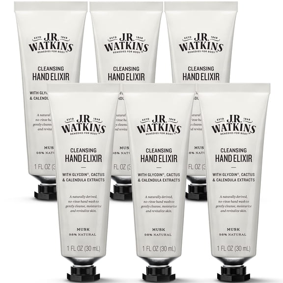 J.R. Watkins Musk Hand Elixir, No Rinse Waterless Cleansing Hand Wash, 1 Oz, 6 Pack.