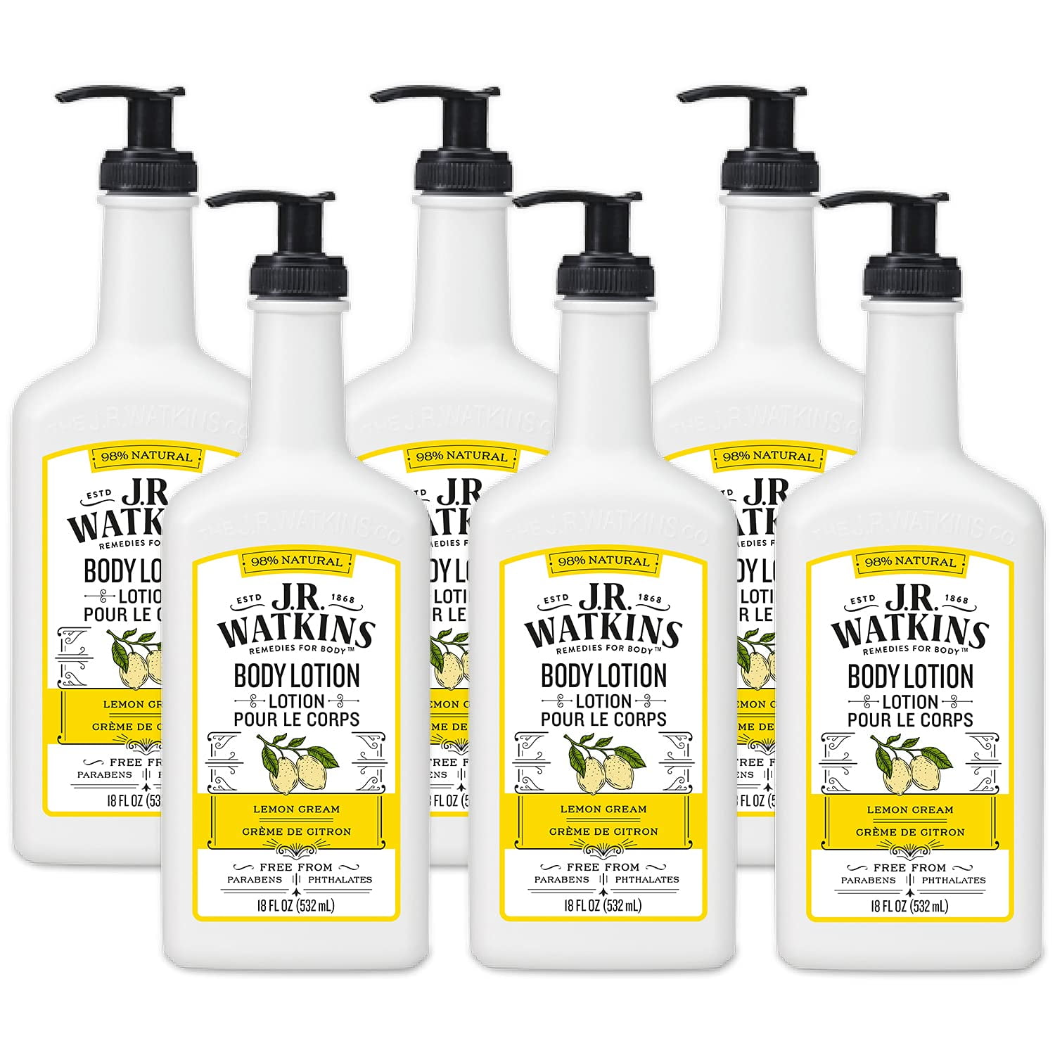 J.R. Watkins Natural Hand & Body Lotion, Lemon Cream, 18 Ounce (Pack Of 6).